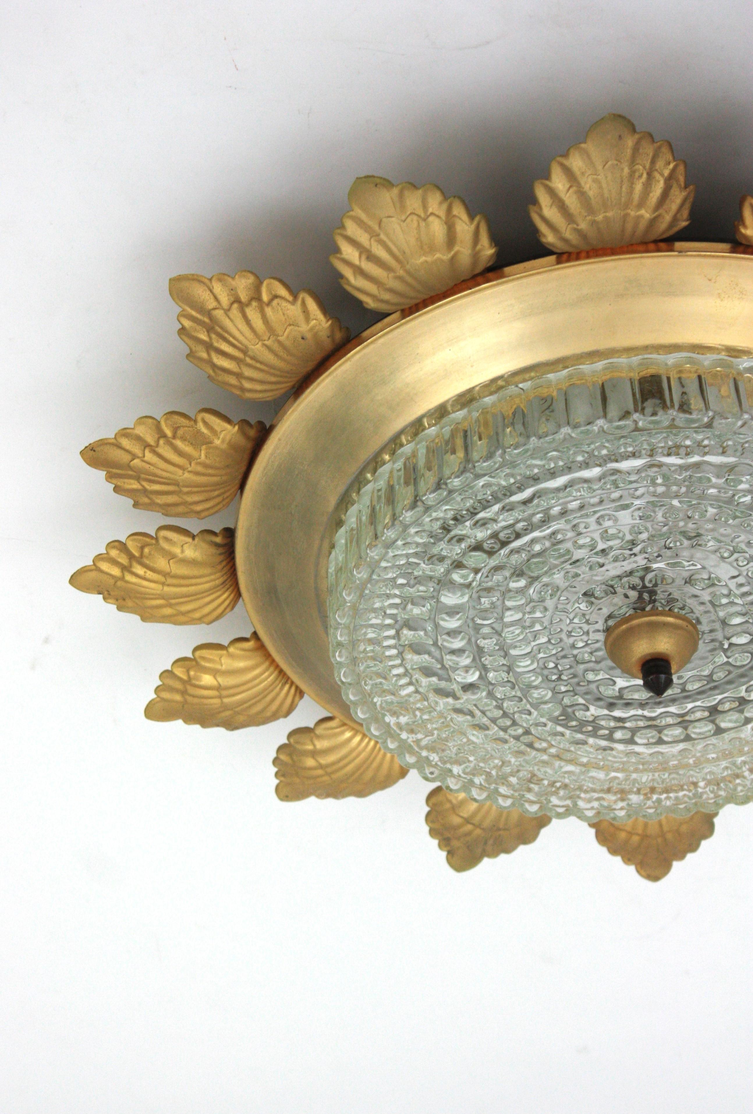 Sunburst Flower Flush Mount Light Fixture in Gilt Metal and Pressed Glass For Sale 6