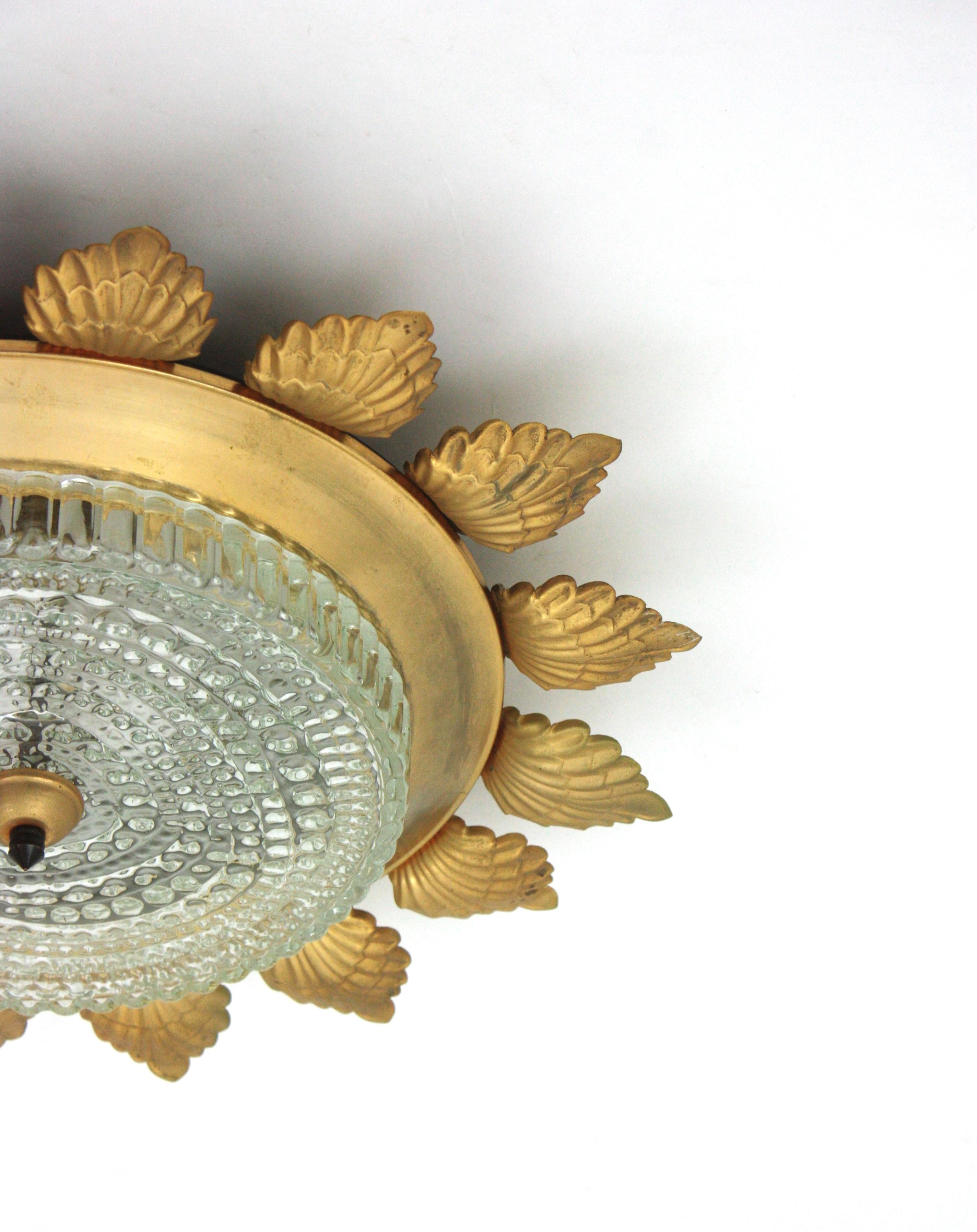 Sunburst Flower Flush Mount Light Fixture in Gilt Metal and Pressed Glass For Sale 7