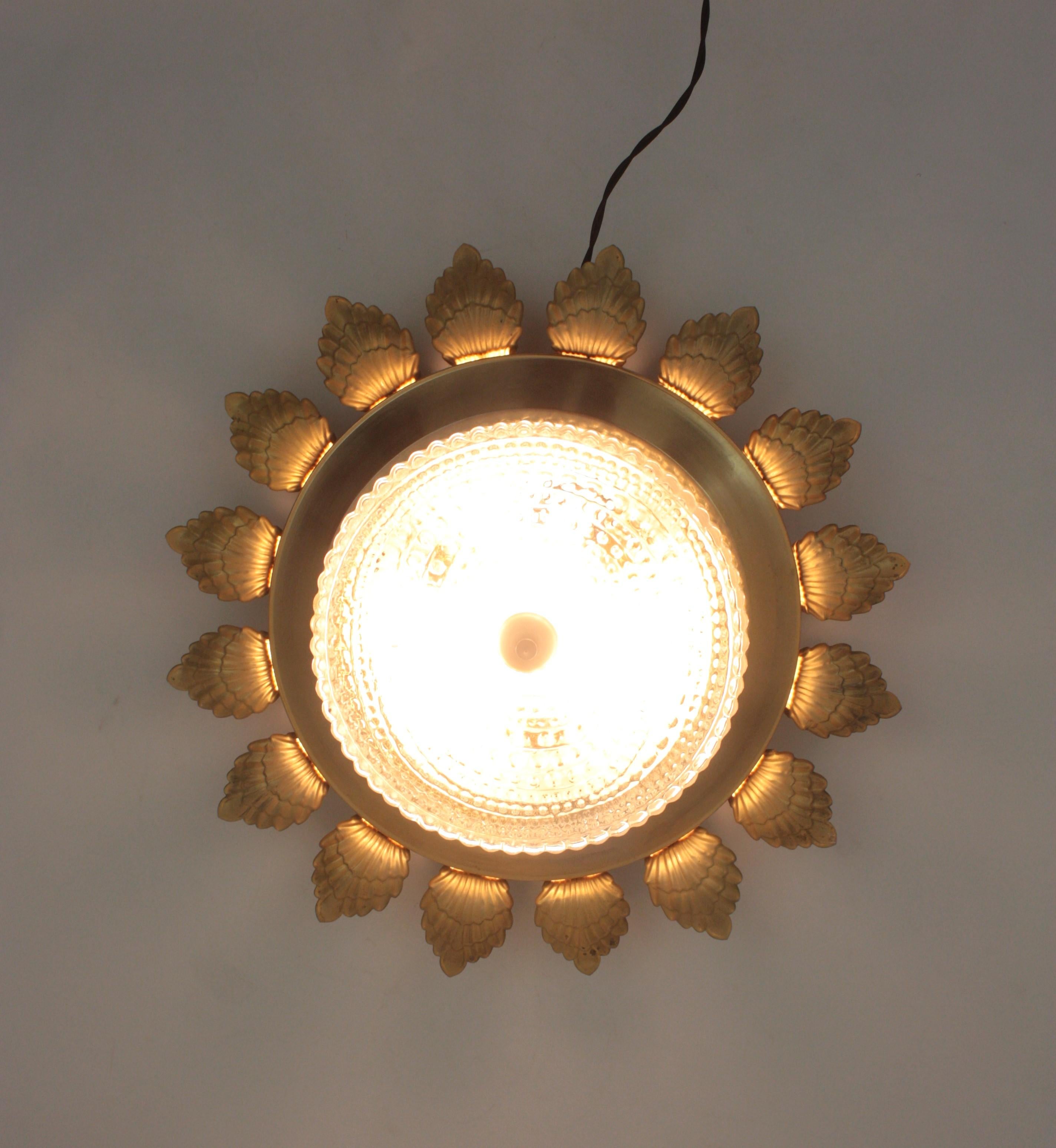 Sunburst Flower Flush Mount Light Fixture in Gilt Metal and Pressed Glass For Sale 8