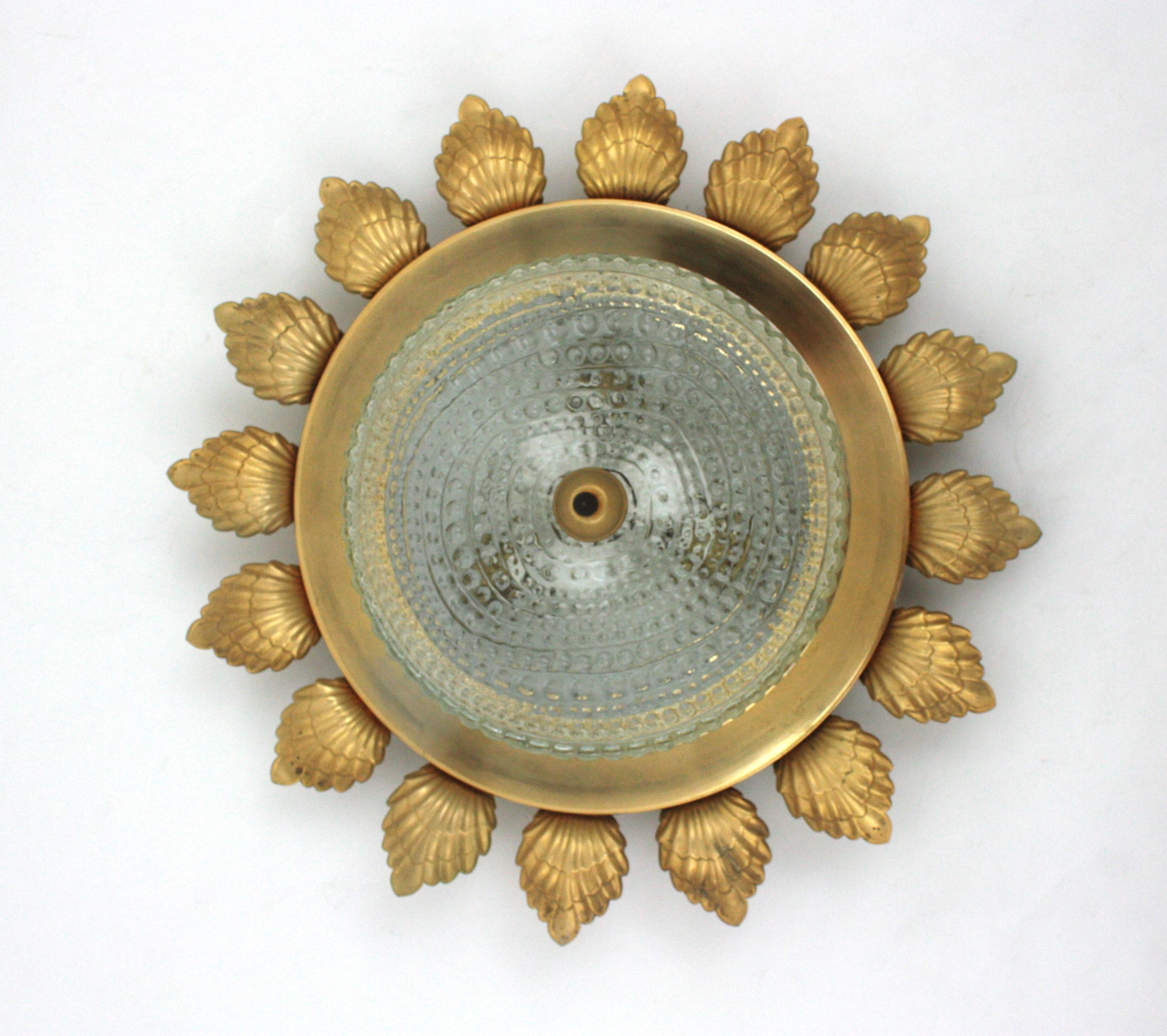 Sunburst Flower Flush Mount Light Fixture in Gilt Metal and Pressed Glass For Sale 9