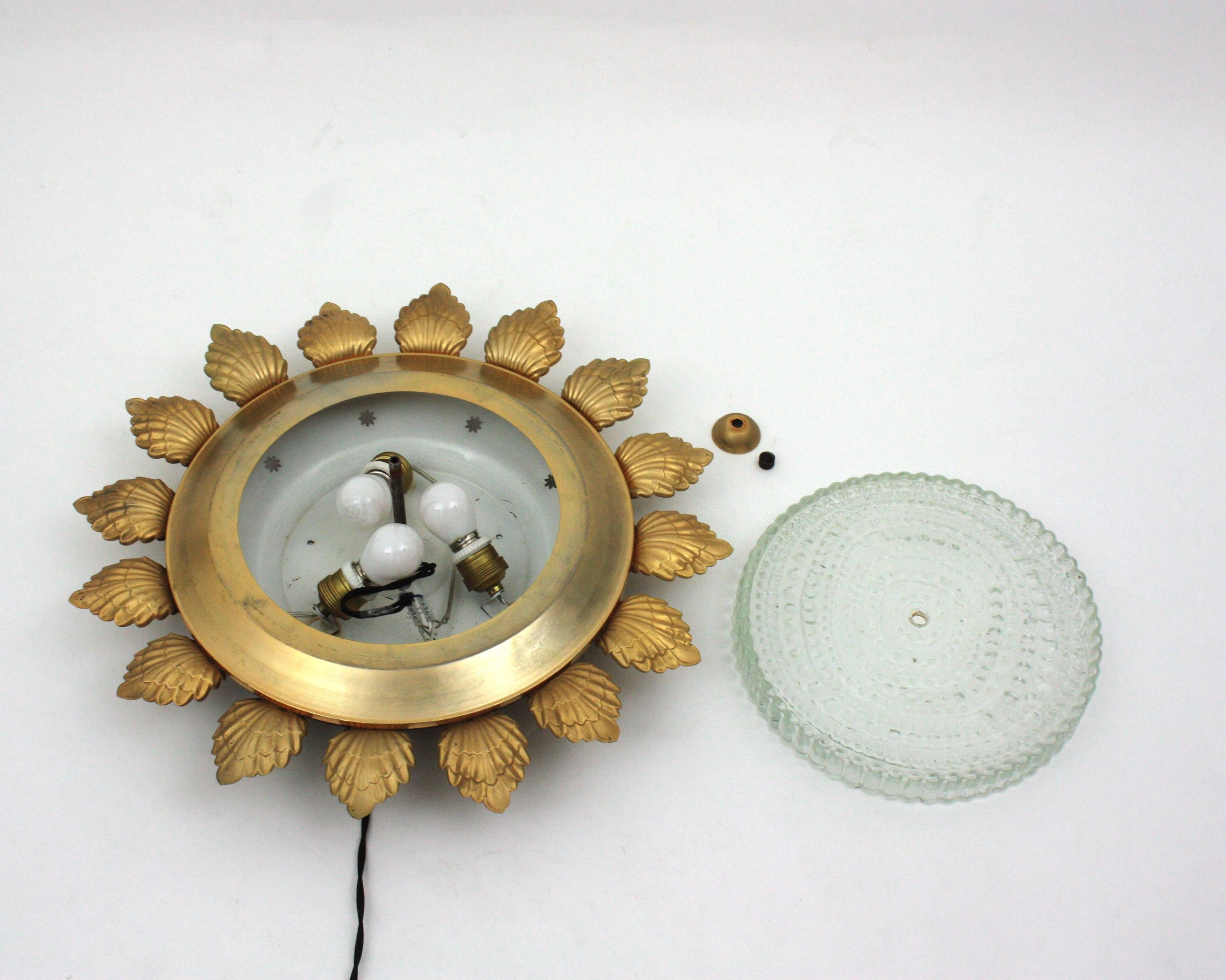 Sunburst Flower Flush Mount Light Fixture in Gilt Metal and Pressed Glass For Sale 11