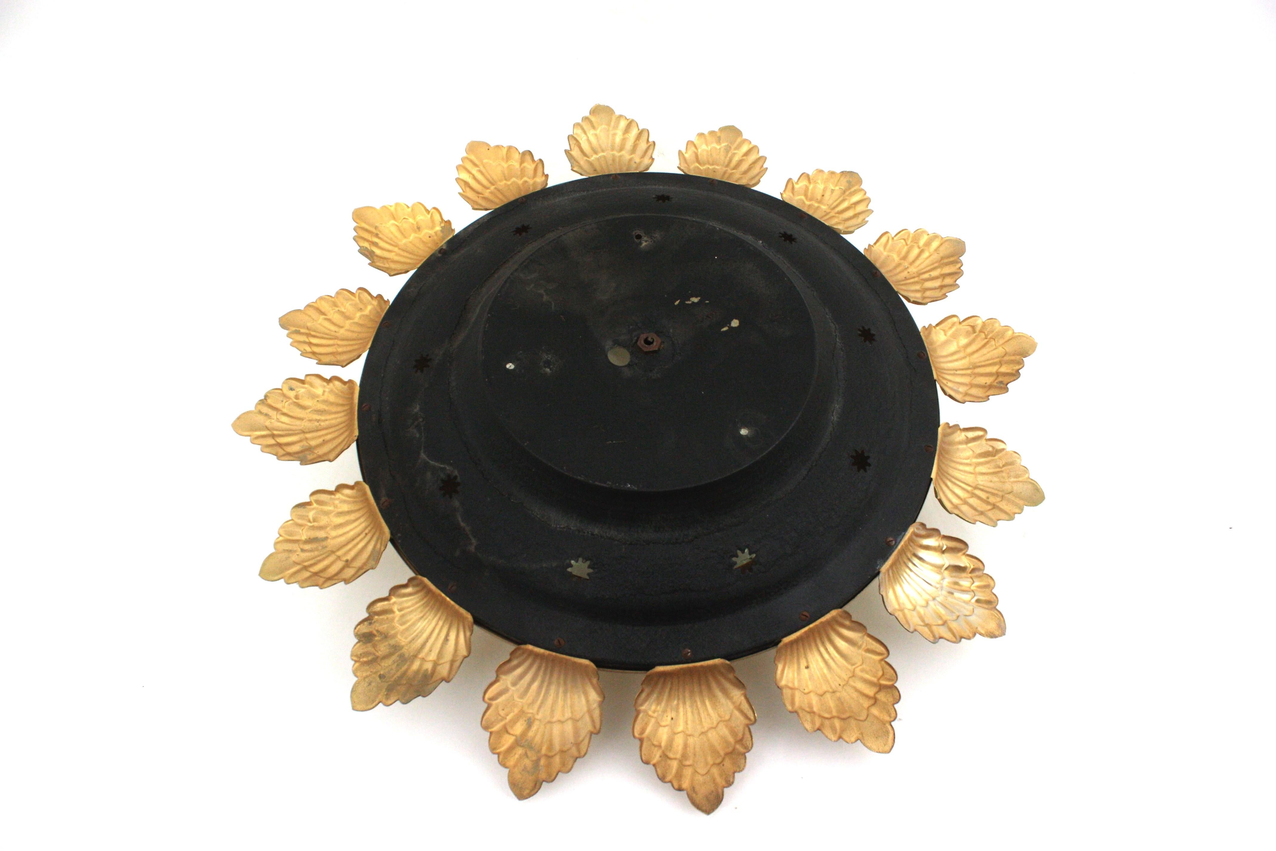 Sunburst Flower Flush Mount Light Fixture in Gilt Metal and Pressed Glass For Sale 12