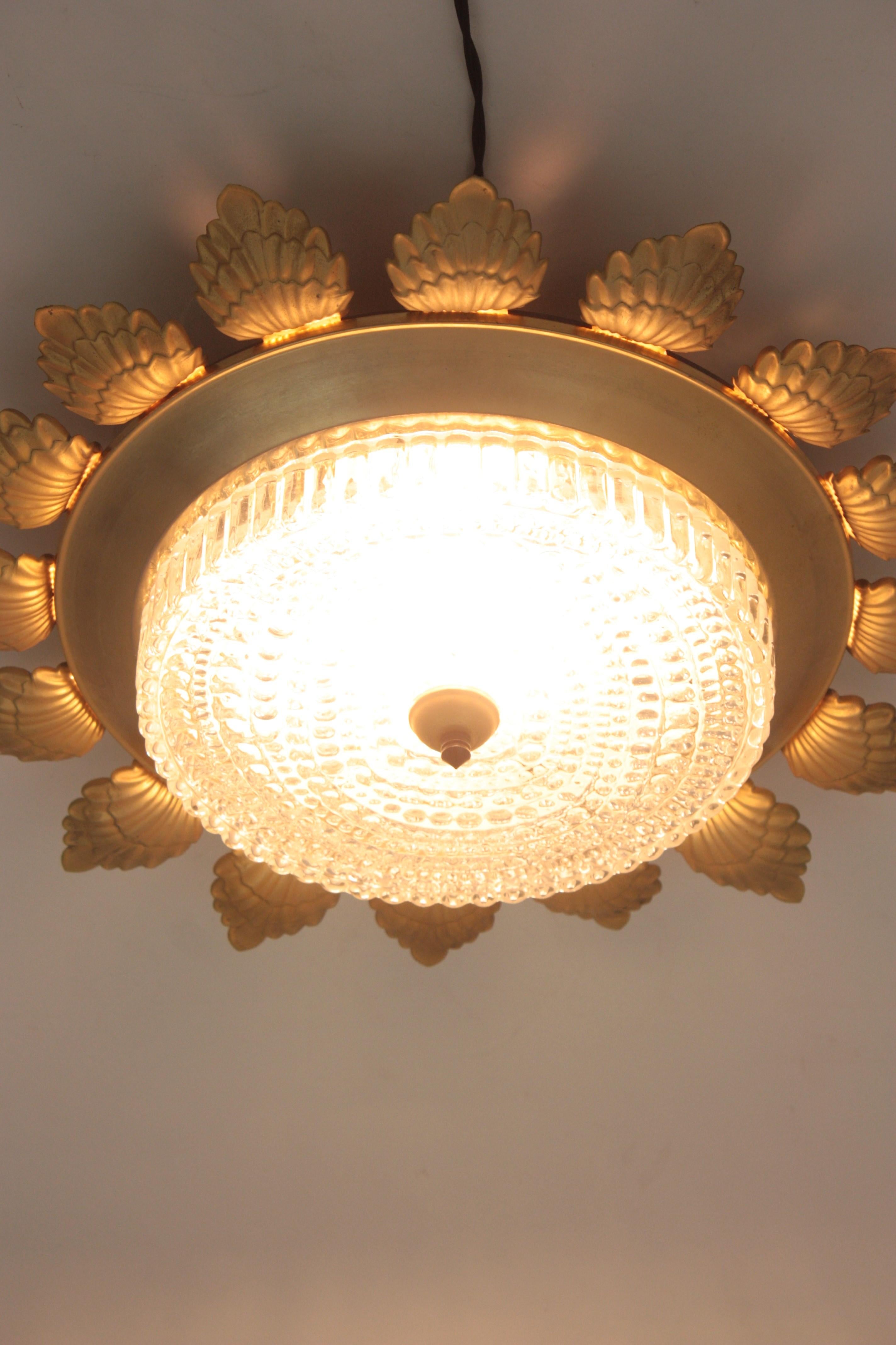 20th Century Sunburst Flower Flush Mount Light Fixture in Gilt Metal and Pressed Glass For Sale