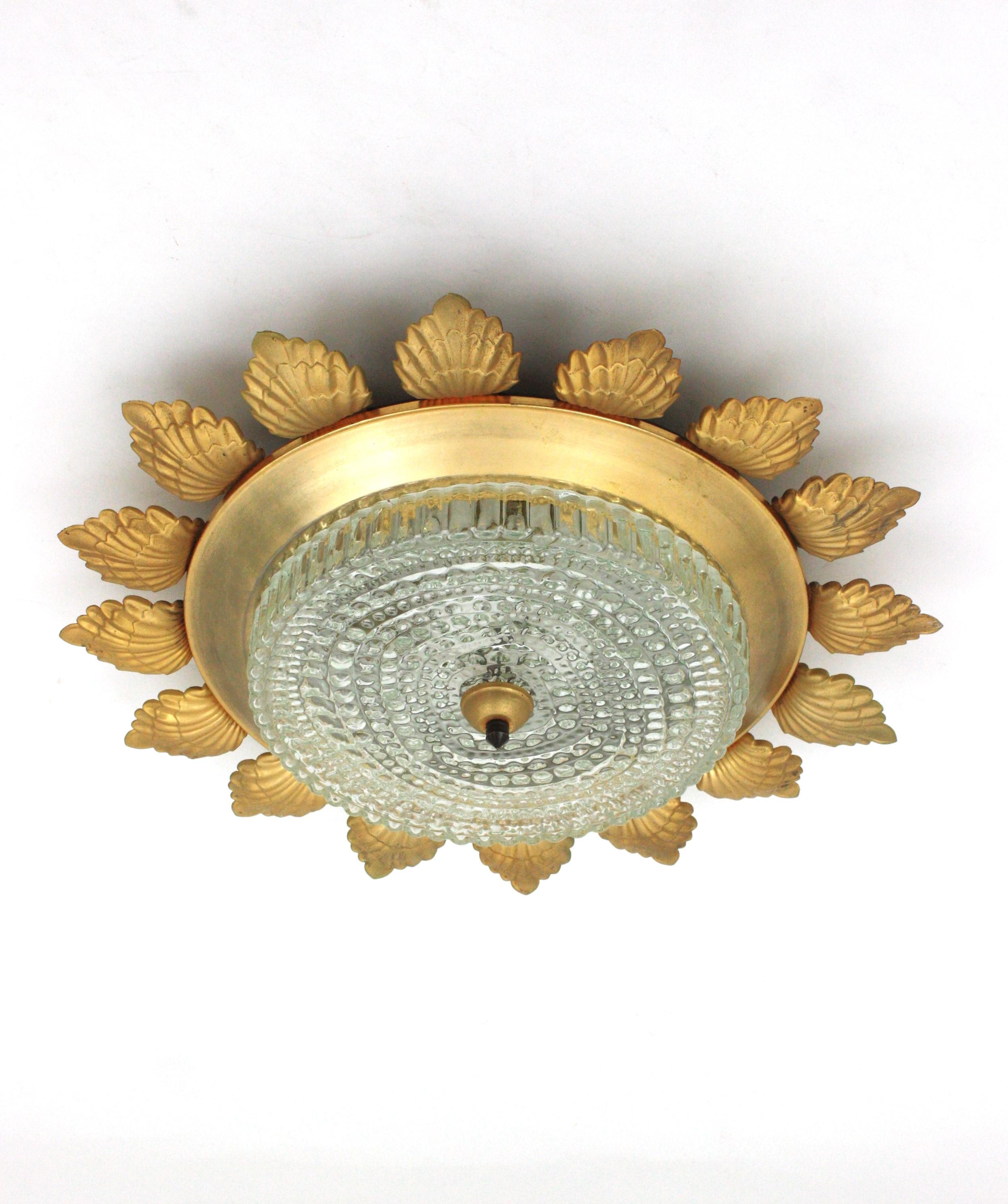 Sunburst Flower Flush Mount Light Fixture in Gilt Metal and Pressed Glass For Sale 1