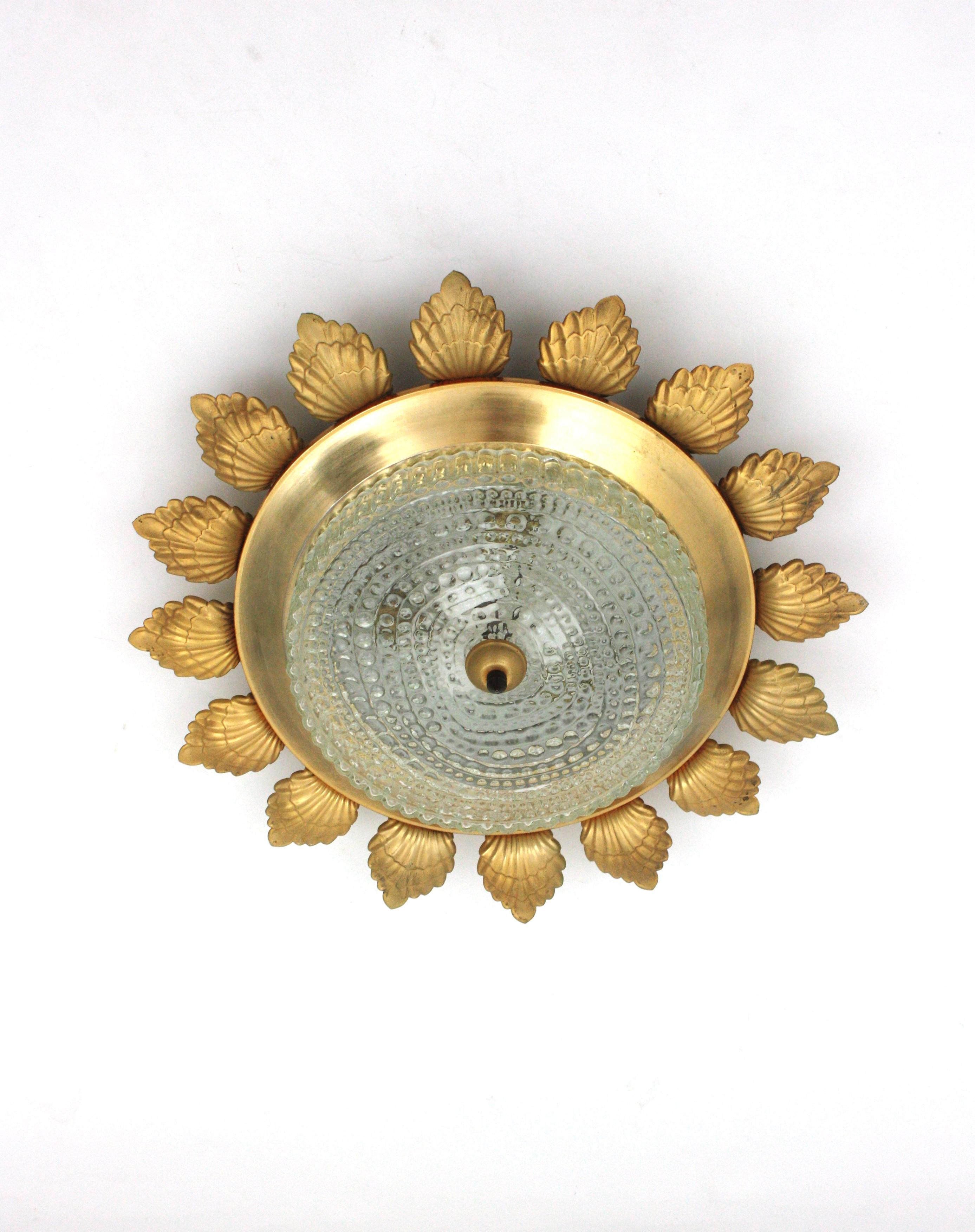 Sunburst Flower Flush Mount Light Fixture in Gilt Metal and Pressed Glass For Sale 3