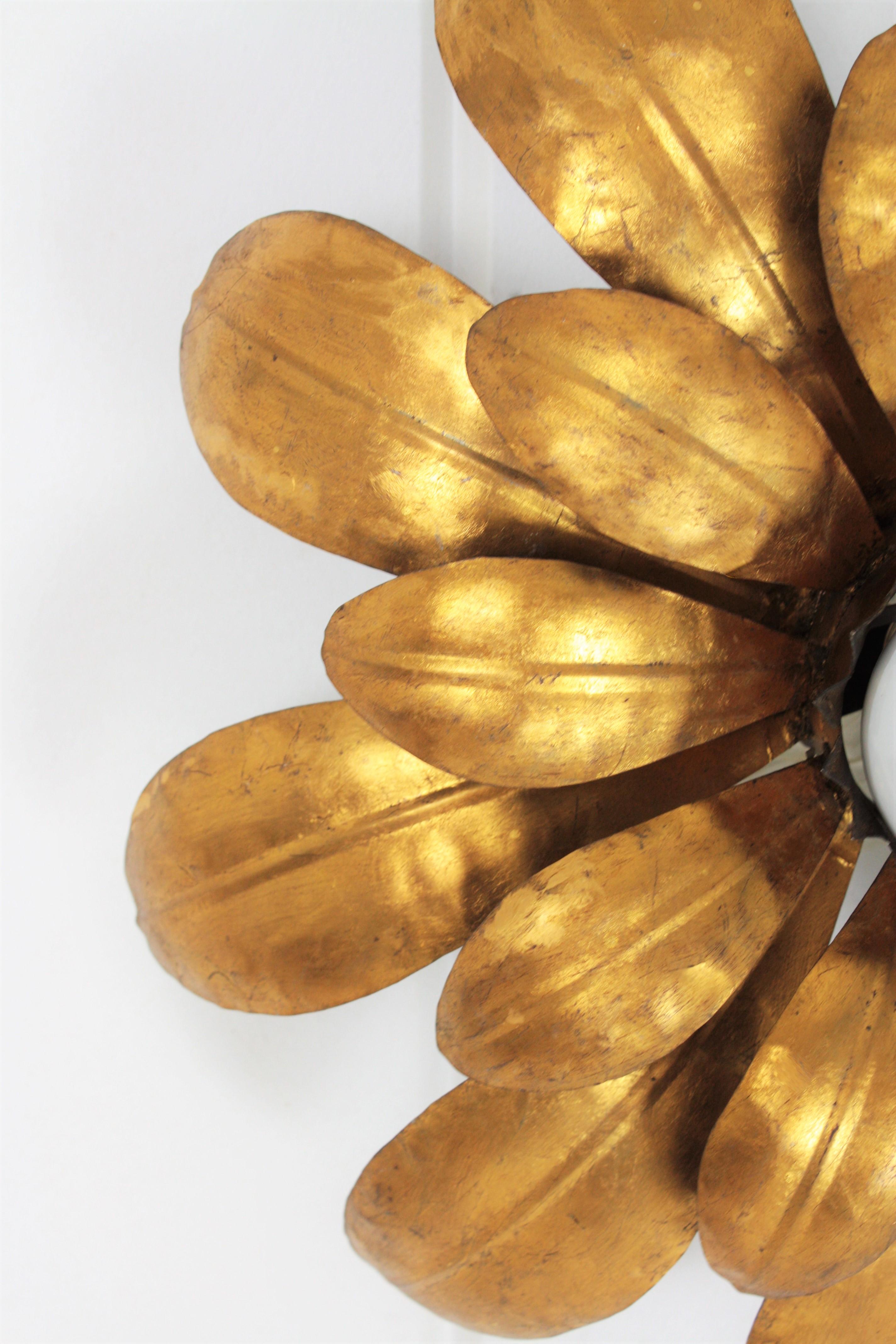 Sunburst Flower Flush Mount Light Fixture or Pendant in Gilt Iron, France, 1950s 3