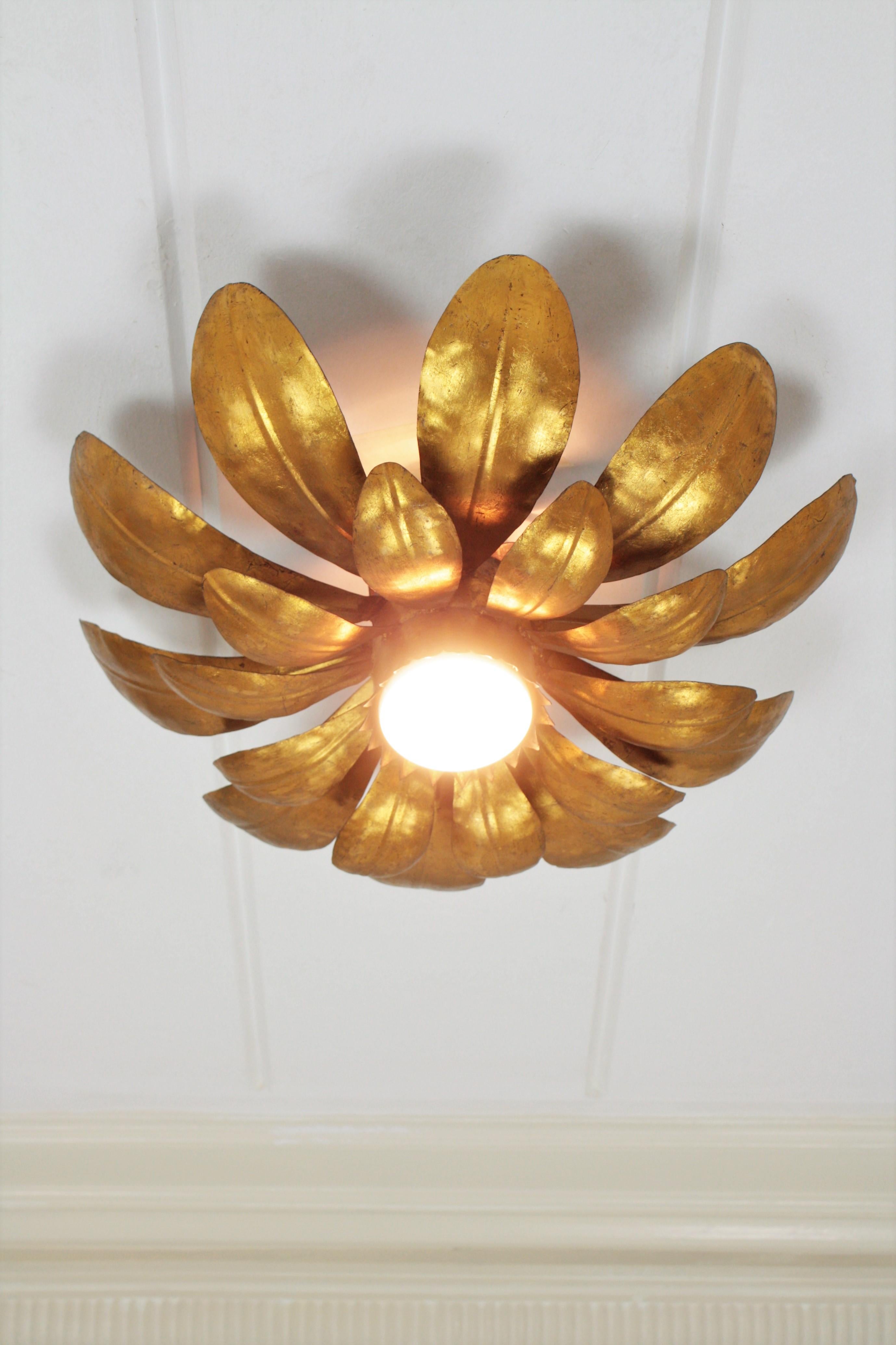 Spanish Sunburst Flower Flush Mount Light Fixture or Pendant in Gilt Iron, France, 1950s