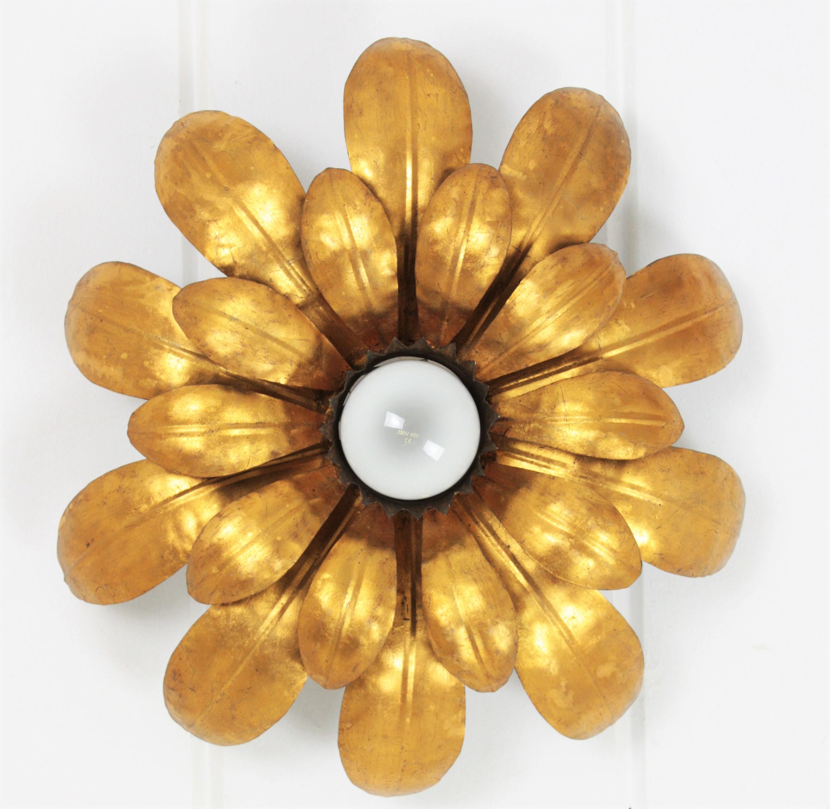 Sunburst Flower Flush Mount Light Fixture or Pendant in Gilt Iron, France, 1950s In Excellent Condition In Barcelona, ES