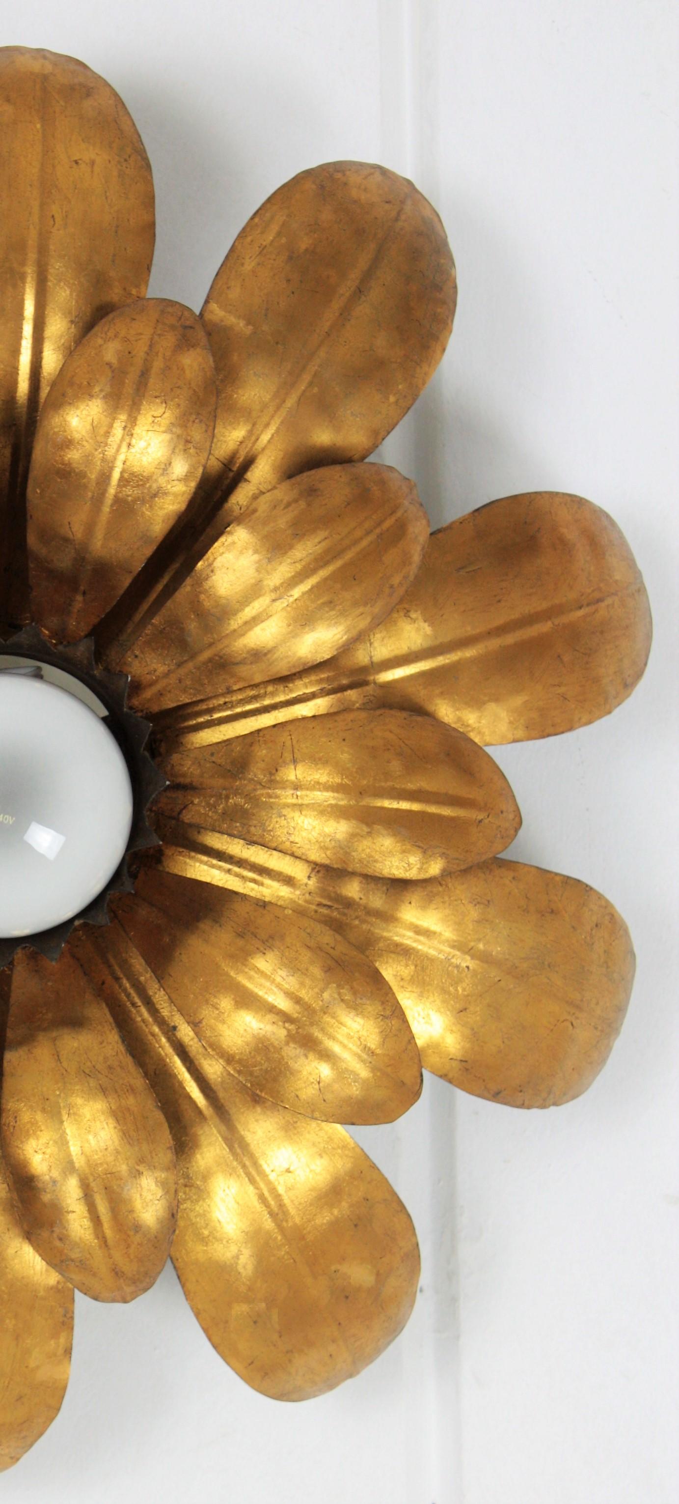 20th Century Sunburst Flower Flush Mount Light Fixture or Pendant in Gilt Iron, France, 1950s