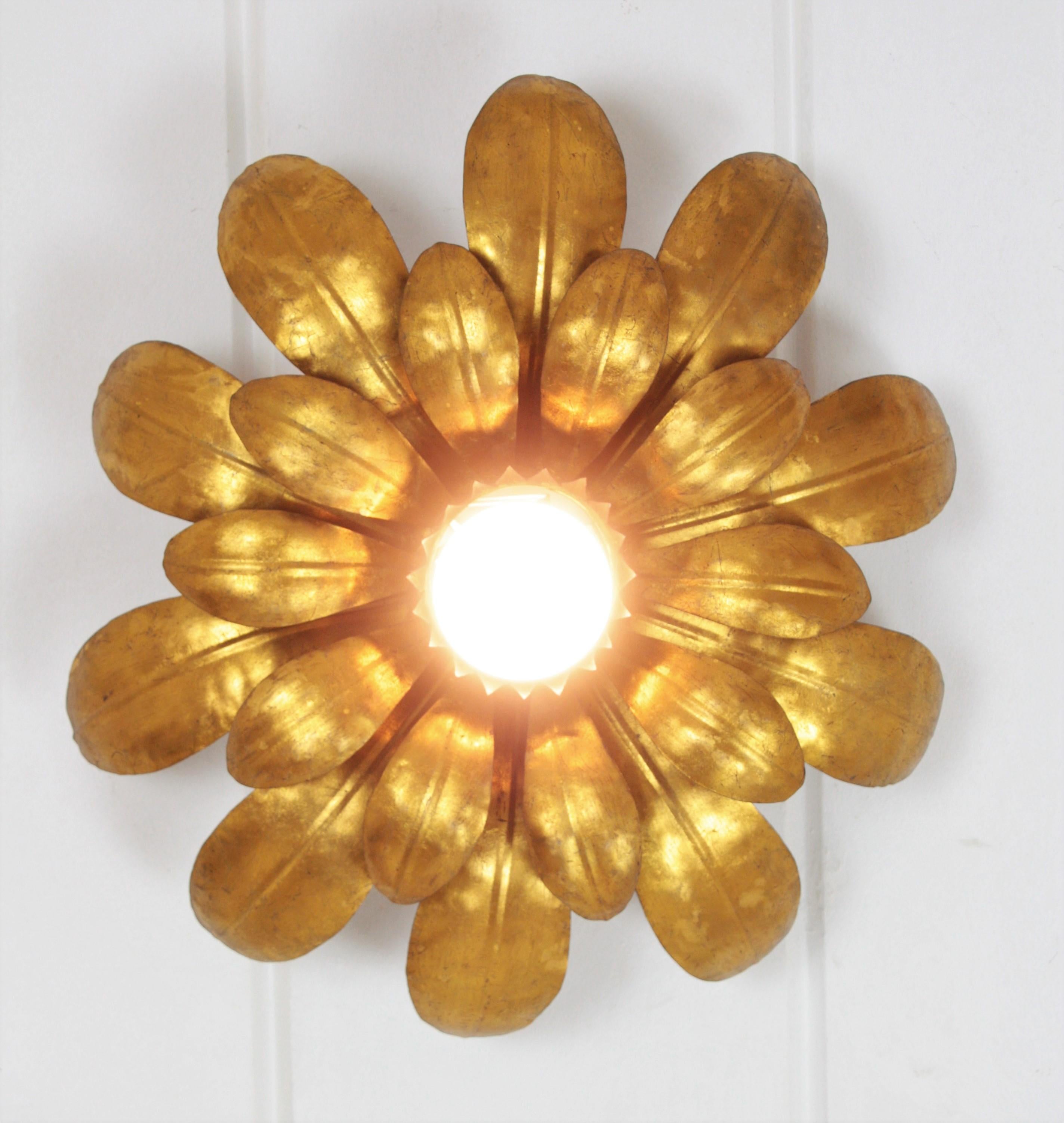 Sunburst Flower Flush Mount Light Fixture or Pendant in Gilt Iron, France, 1950s 1