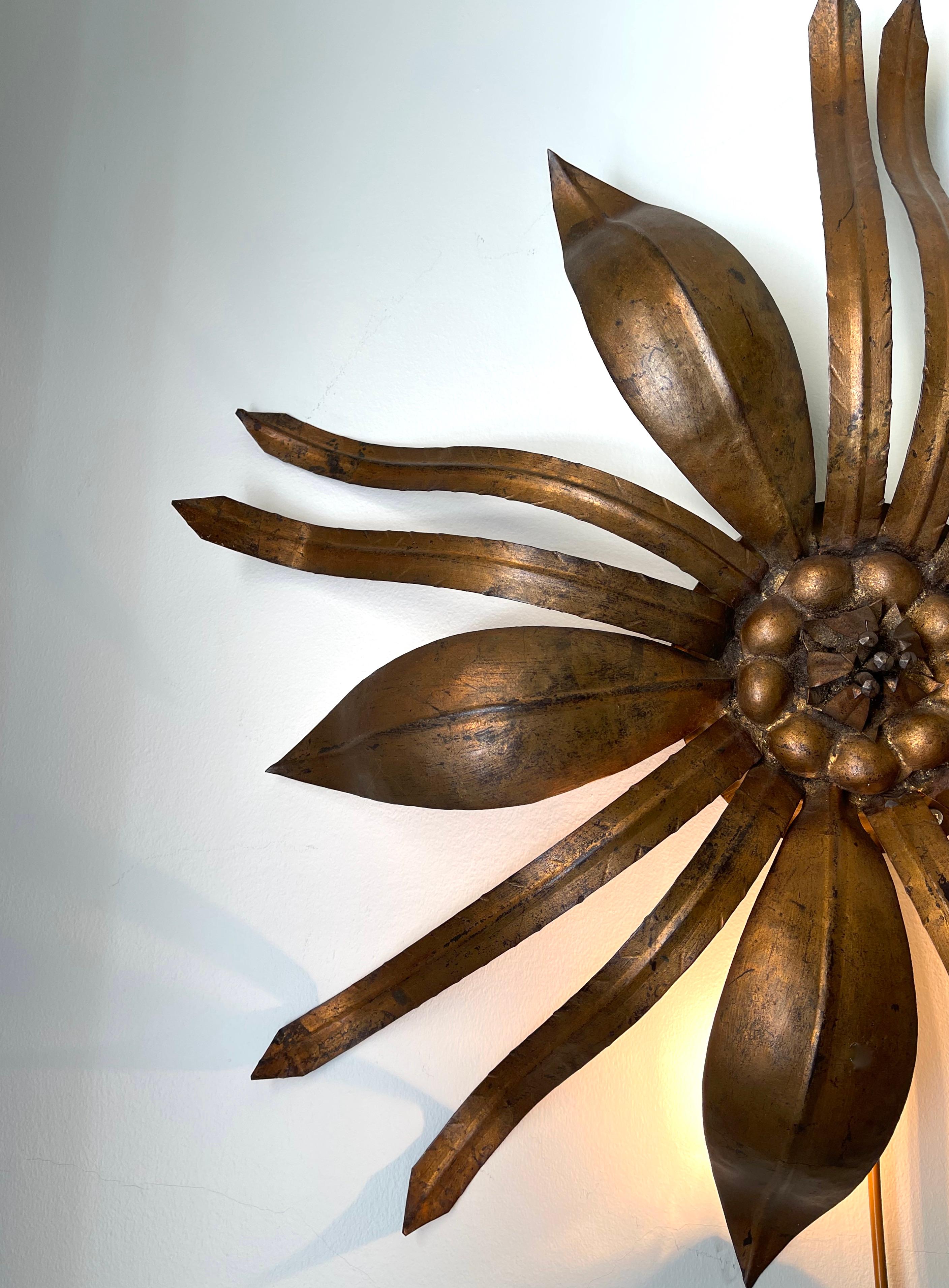 Bohemian Sunburst Flower Flush Mount Light or Wall Light in Gilt Iron, France, 1970s For Sale