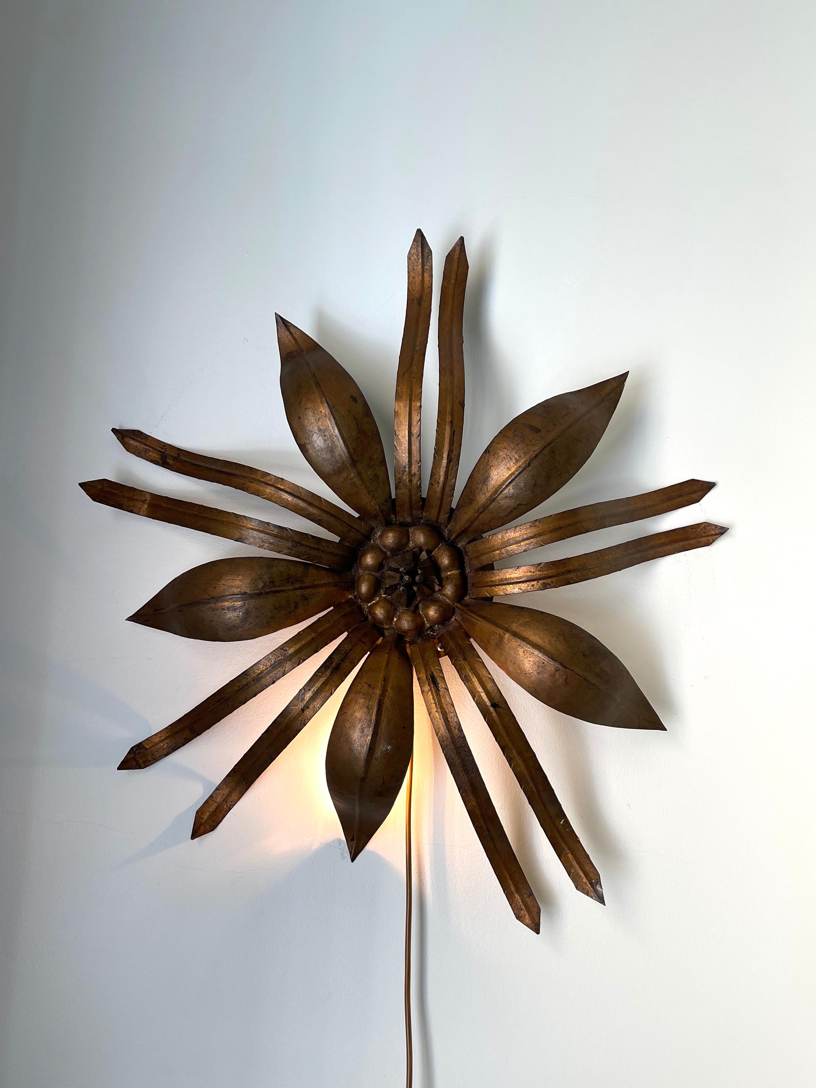 Sunburst Flower Flush Mount Light or Wall Light in Gilt Iron, France, 1970s For Sale 2