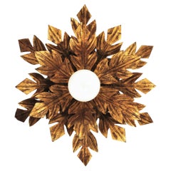 Sunburst Flower Foliage Gilt Iron Light Fixture, Spain 1950s