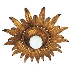 Sunburst Flower Light Fixture Flush Mount, Gilt Iron