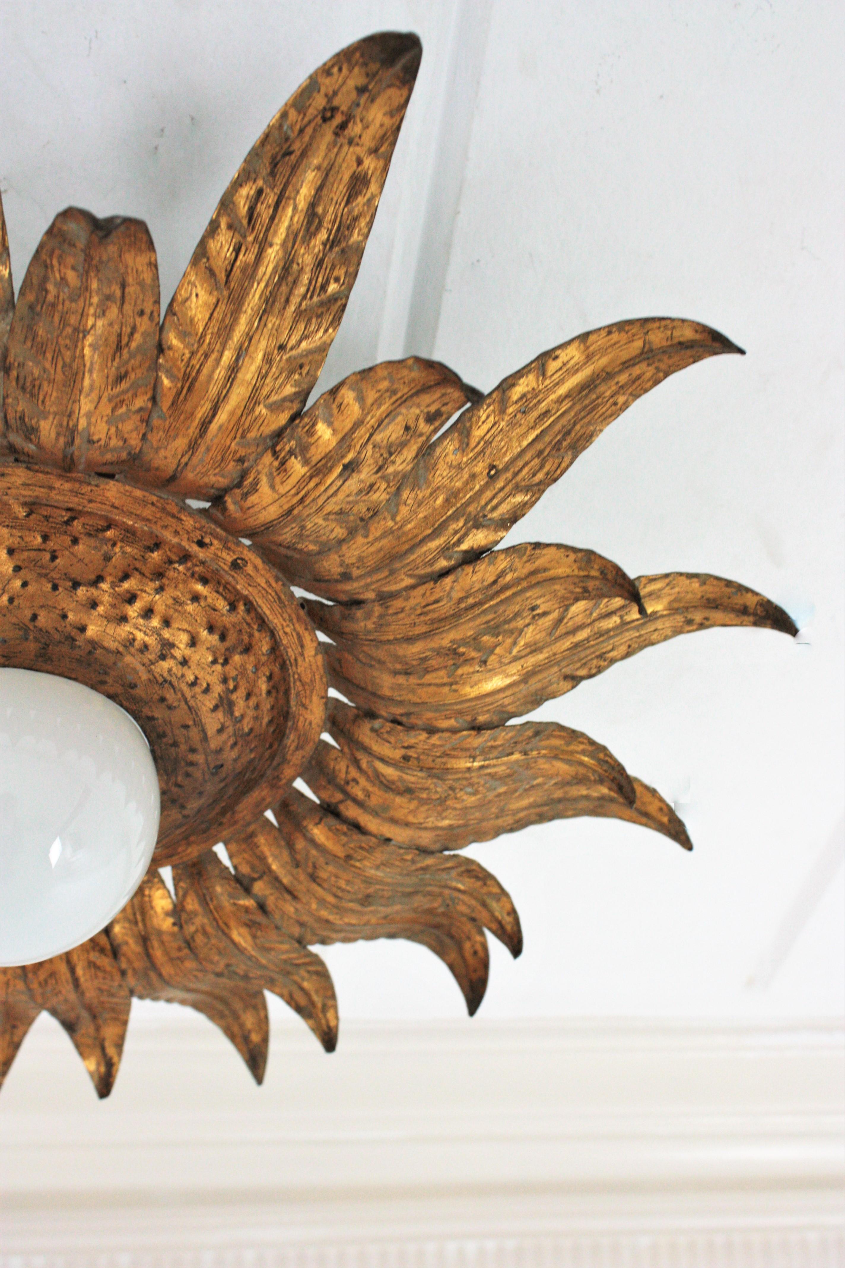 Sunburst Flower Light Fixture Flush Mount in Gilt Iron For Sale 5