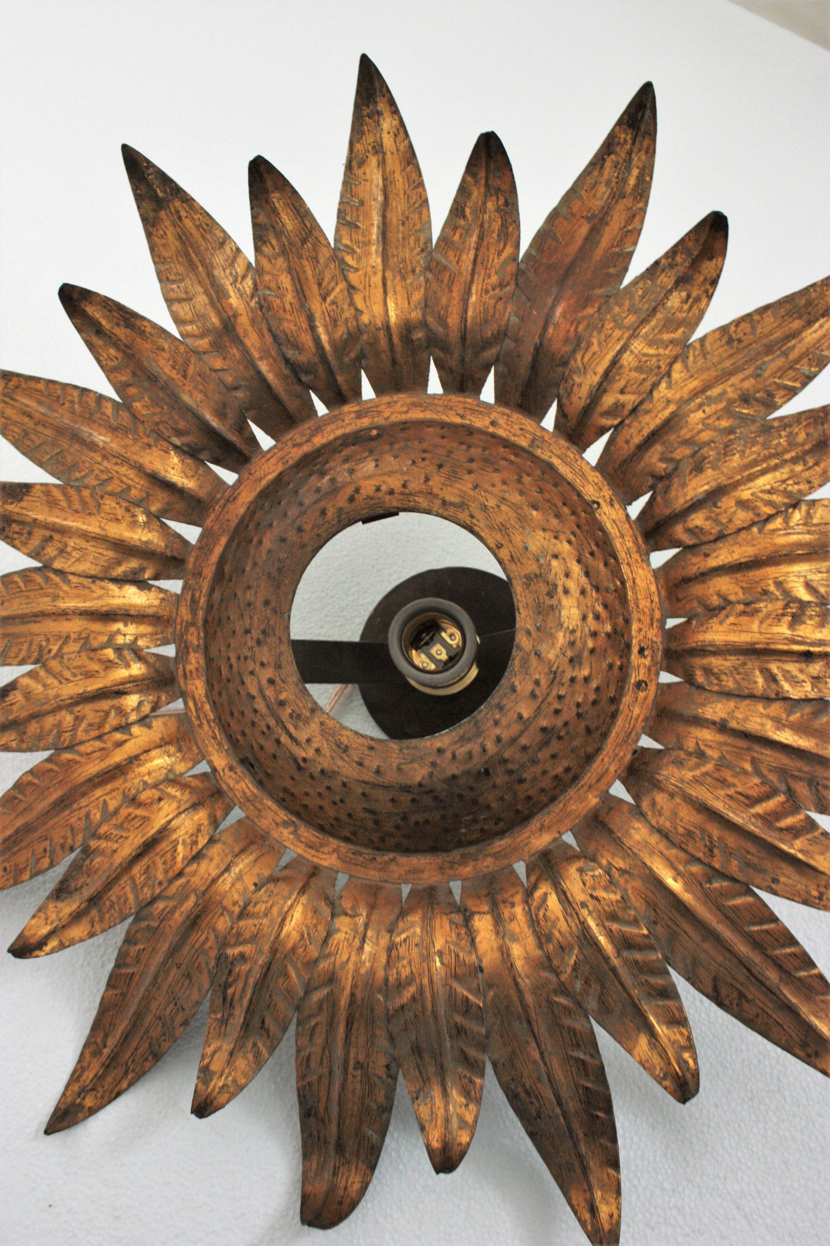 Sunburst Flower Light Fixture Flush Mount, Gilt Iron For Sale 6