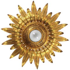 Sunburst Flower Light Fixture Flush Mount in Gilt Iron