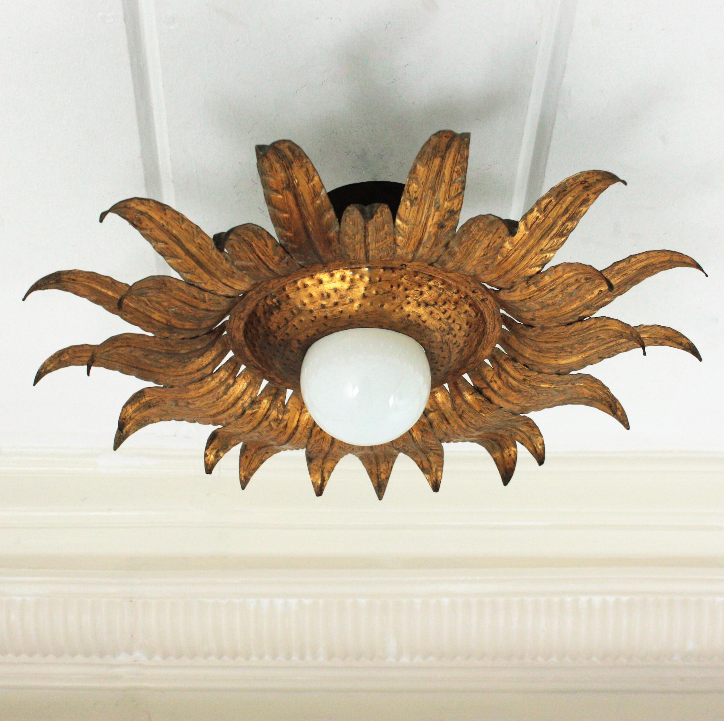 20th Century Sunburst Flower Light Fixture Flush Mount, Gilt Iron For Sale