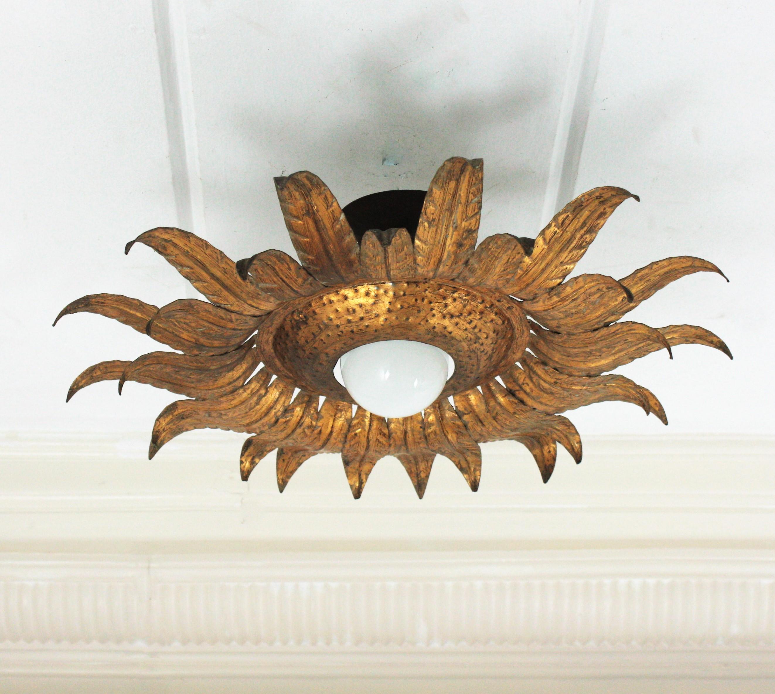 Sunburst Flower Light Fixture Flush Mount, Gilt Iron For Sale 1