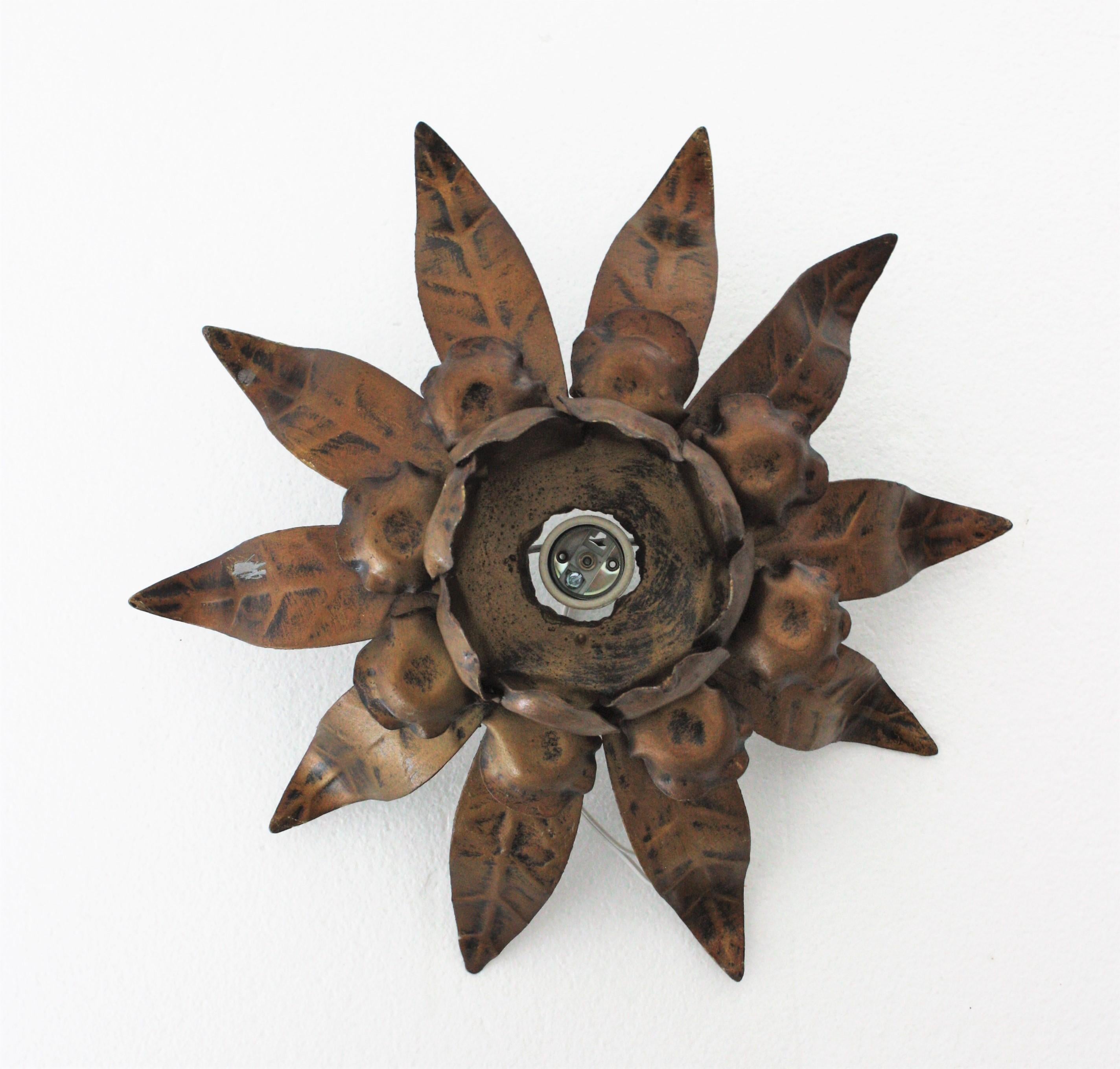 Sunburst Flower Light Fixture in Gilt Bronze Patinated Metal 9