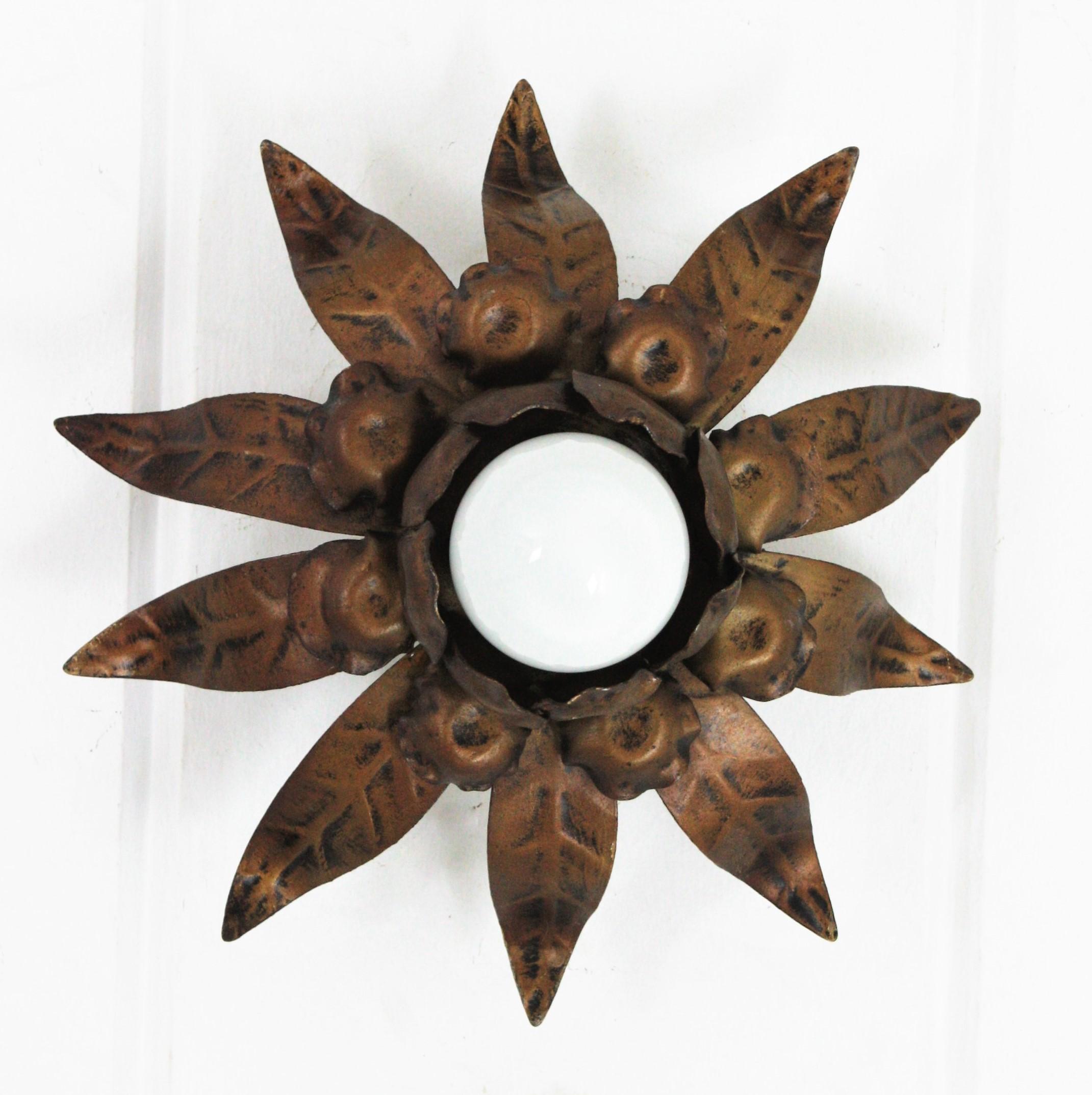 20th Century Sunburst Flower Light Fixture in Gilt Bronze Patinated Metal