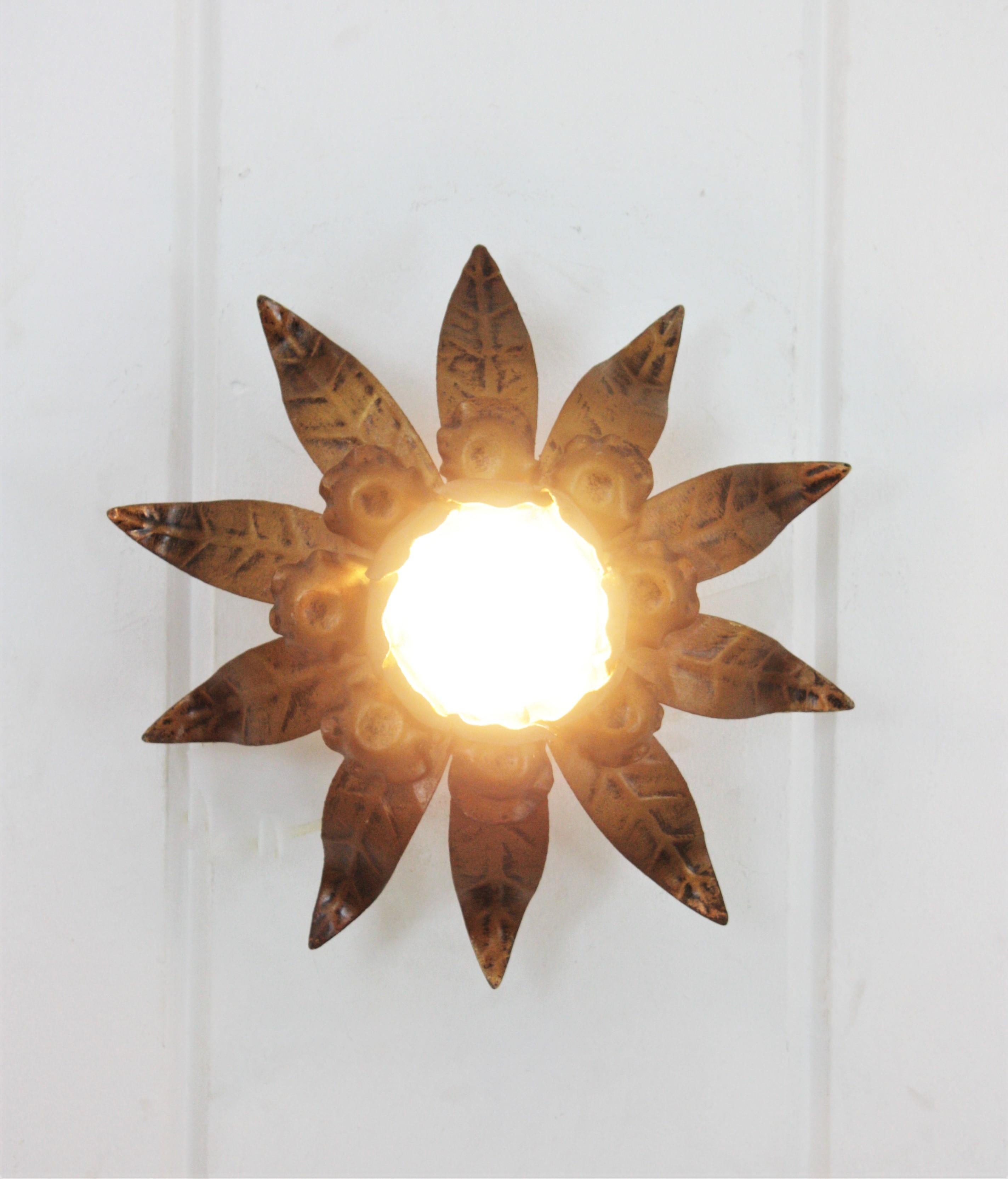 Sunburst Flower Light Fixture in Gilt Bronze Patinated Metal 1