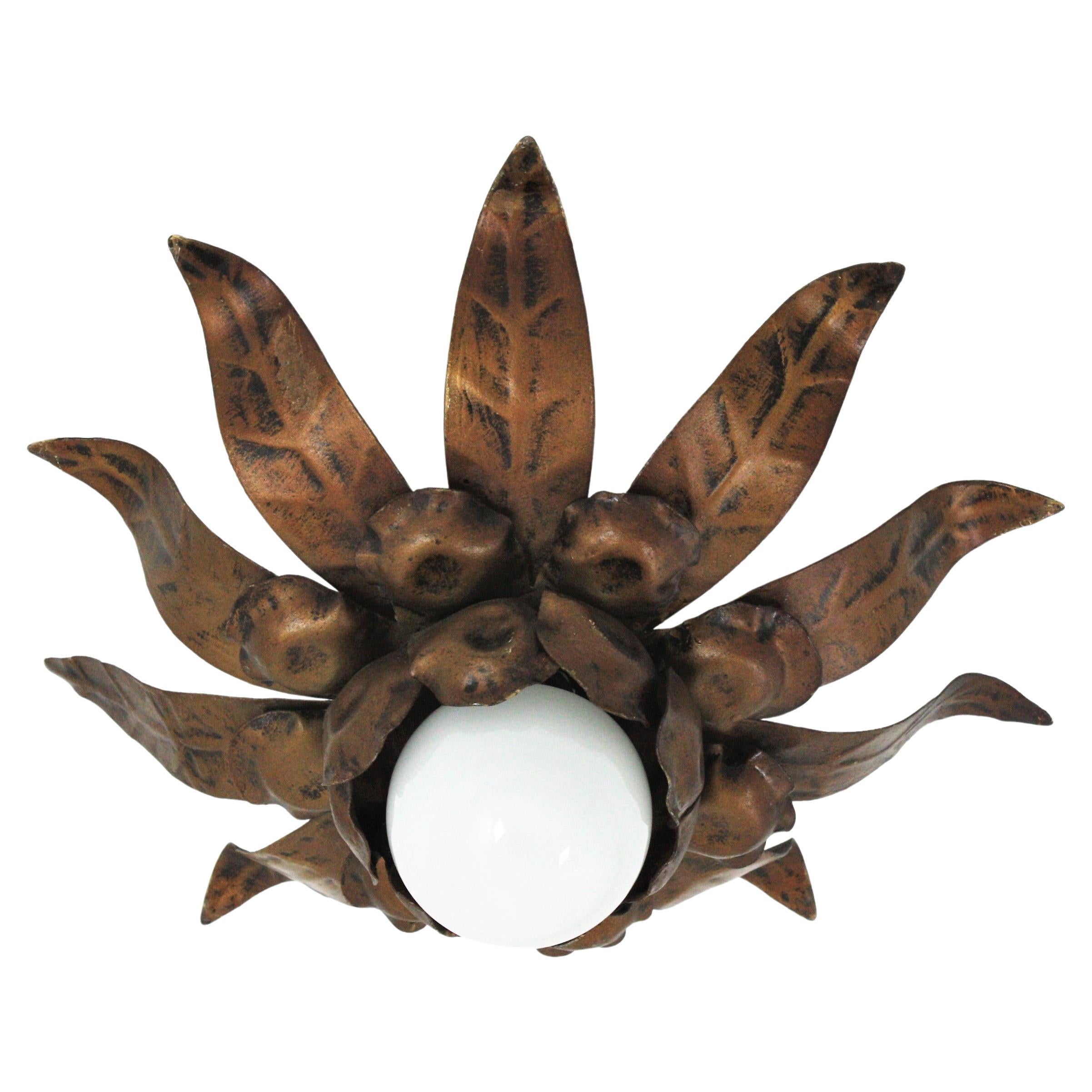 Sunburst Flower Light Fixture in Gilt Bronze Patinated Metal
