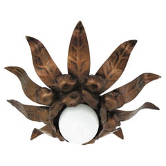 Vintage Sunburst Flower Light Fixture in Gilt Bronze Patinated Metal