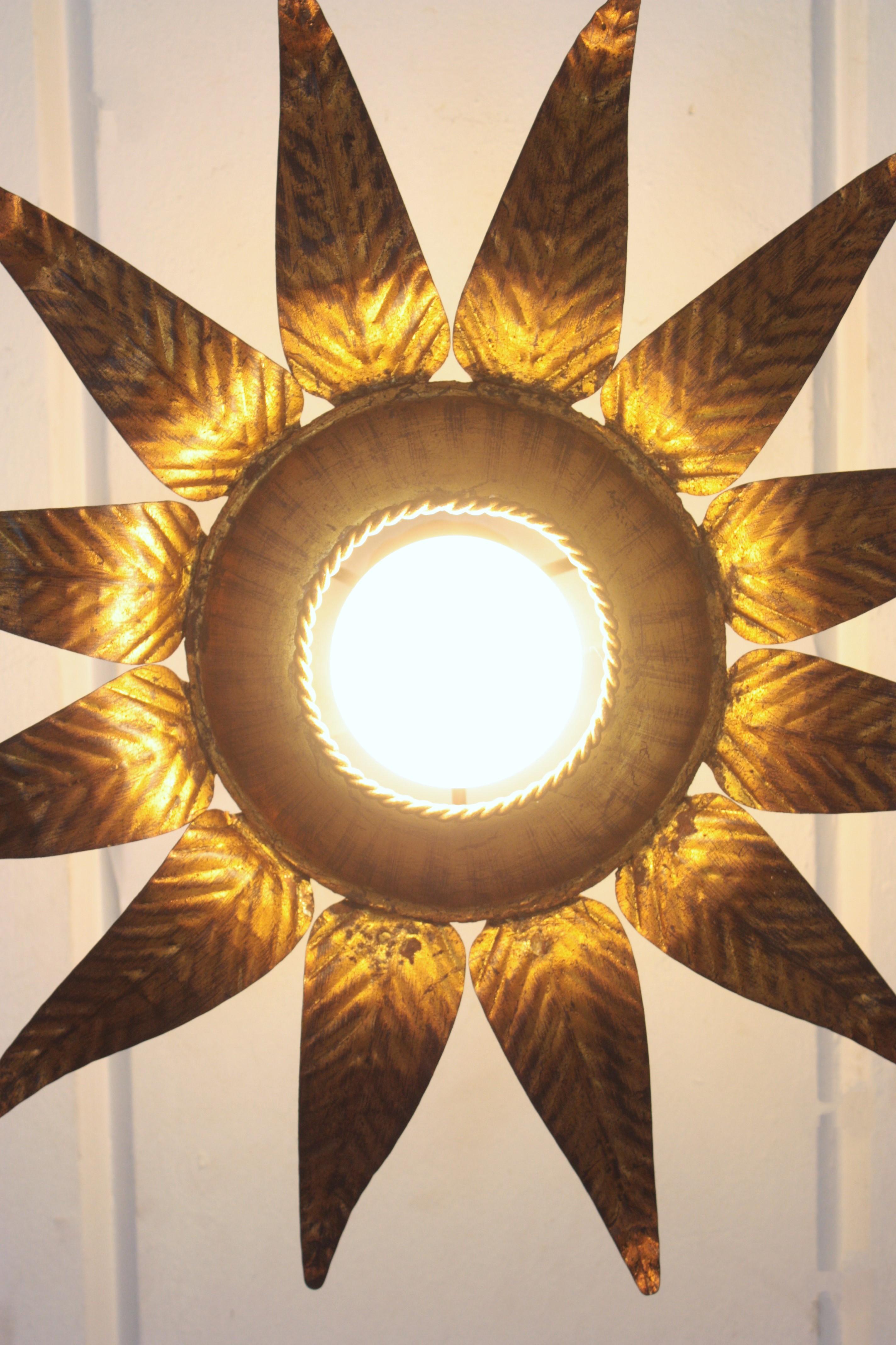 Sunburst Flower Light Fixture in Gilt Iron and Gold Leaf 6