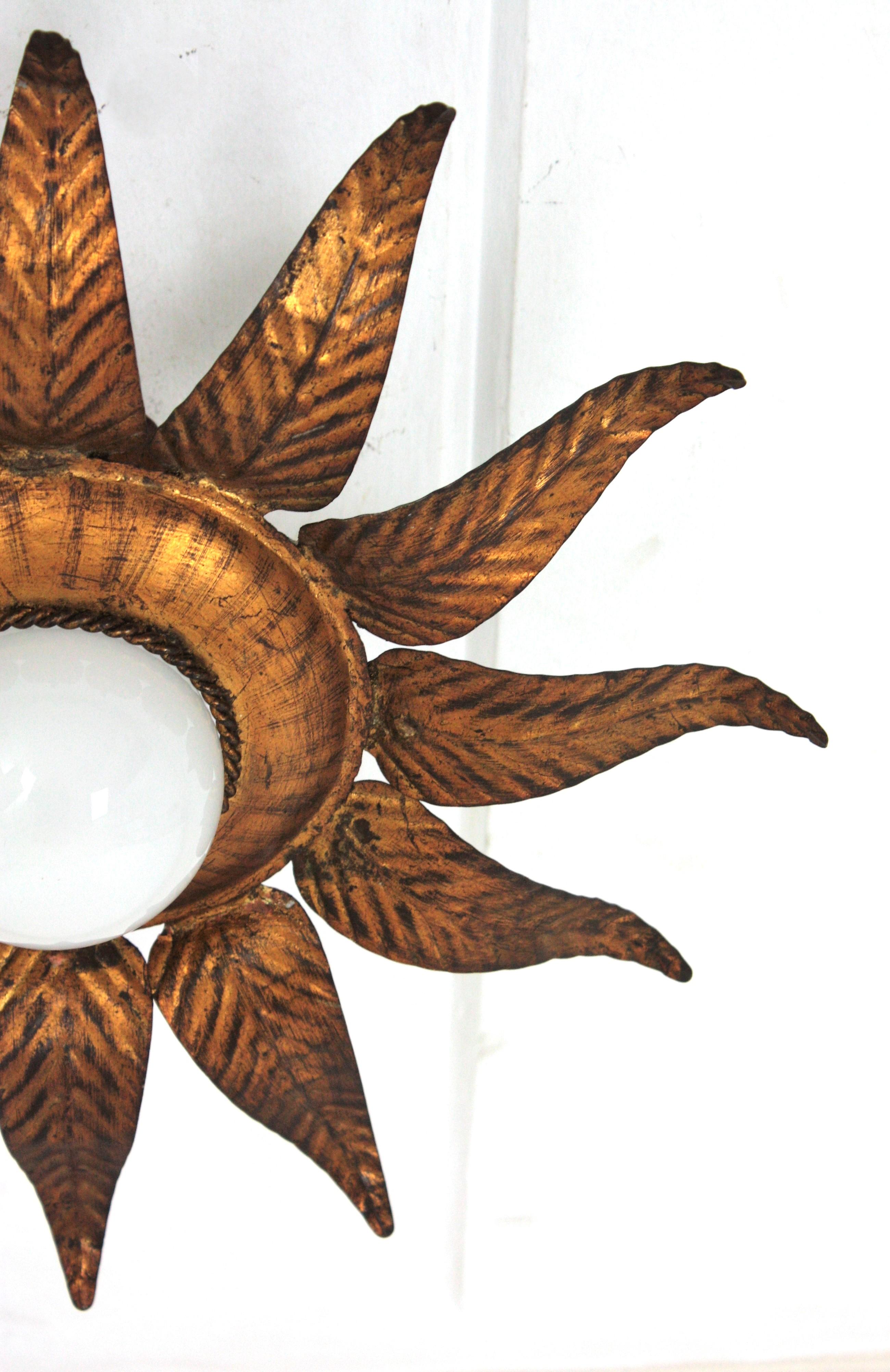 Sunburst Flower Light Fixture in Gilt Iron and Gold Leaf For Sale 10