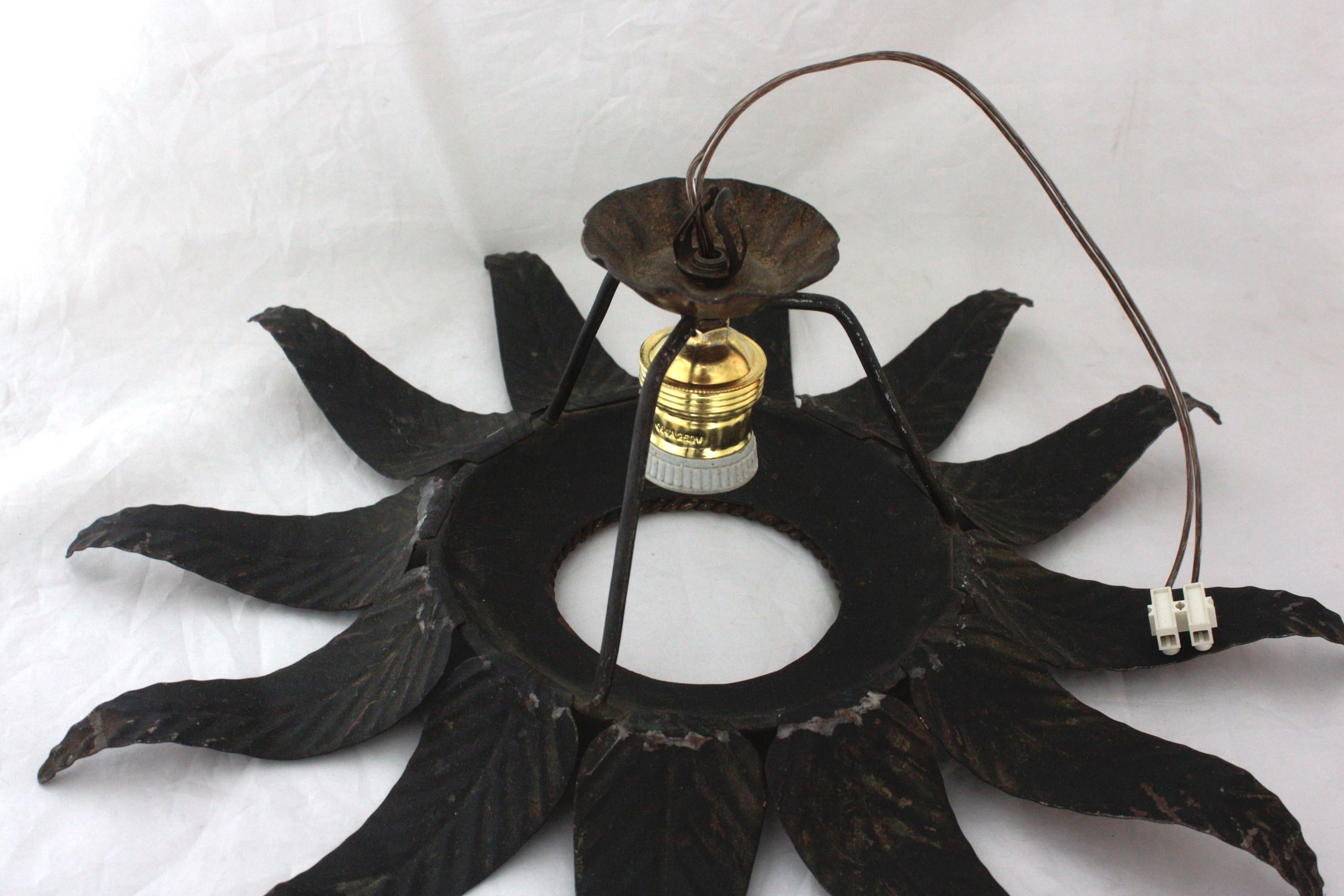 Sunburst Flower Light Fixture in Gilt Iron and Gold Leaf For Sale 11