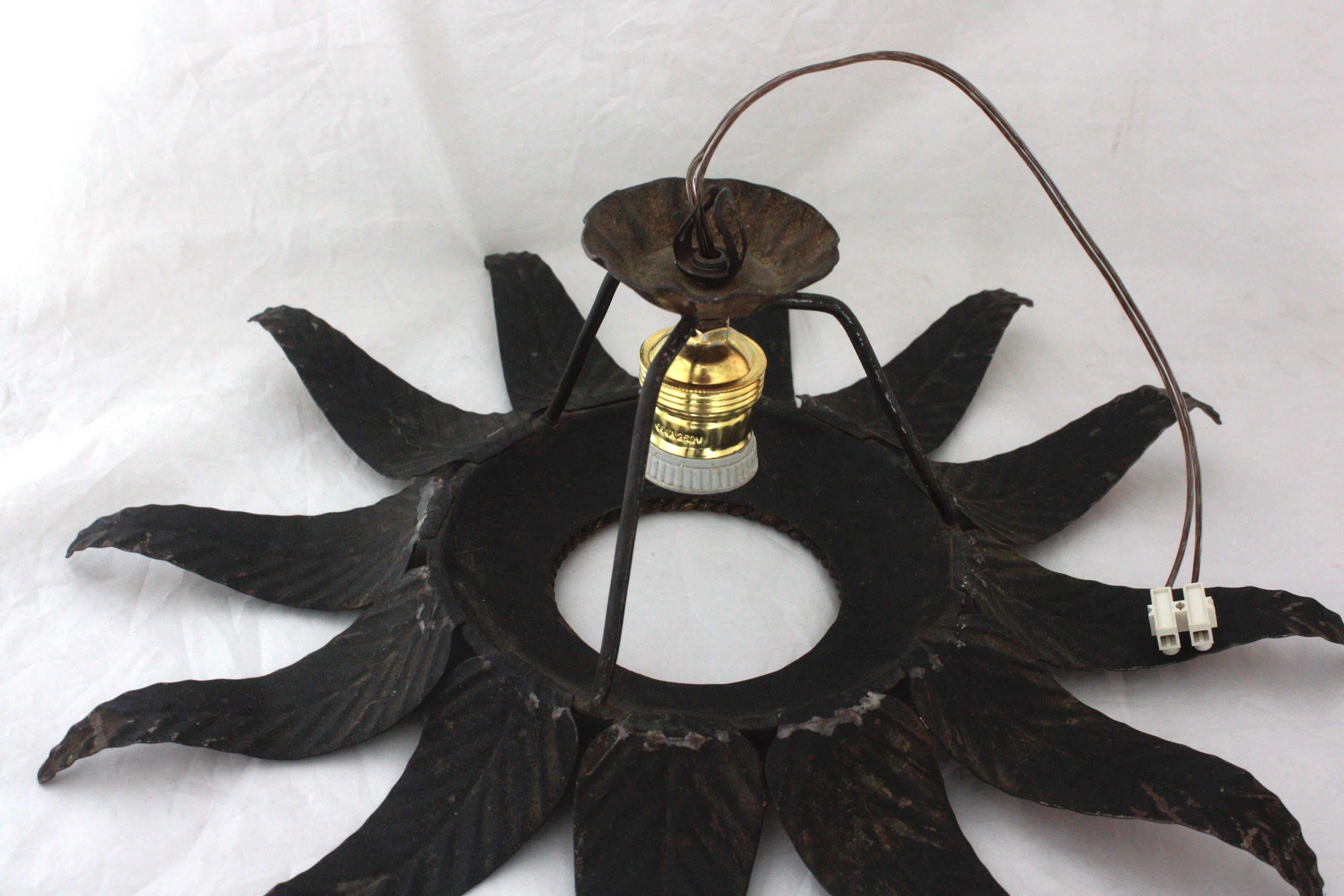 Sunburst Flower Light Fixture in Gilt Iron and Gold Leaf 11