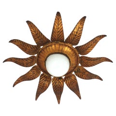 Sunburst Flower Light Fixture, Gilt Iron and Gold Leaf, Spain