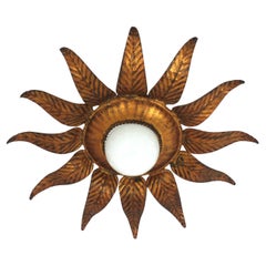 Vintage Sunburst Flower Light Fixture in Gilt Iron and Gold Leaf