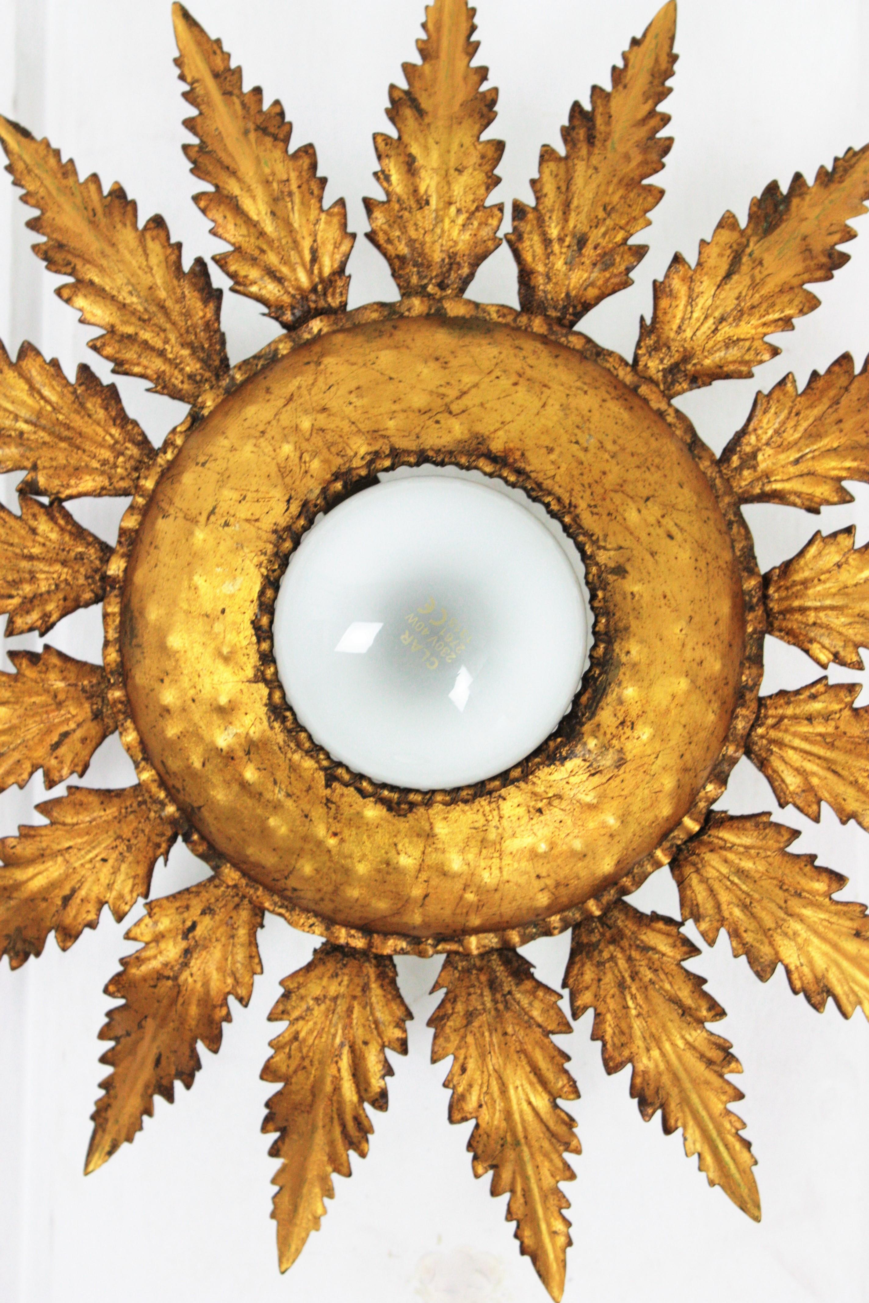 Hand-Crafted Sunburst Flower Foliage Light Fixture in Gilt Iron For Sale