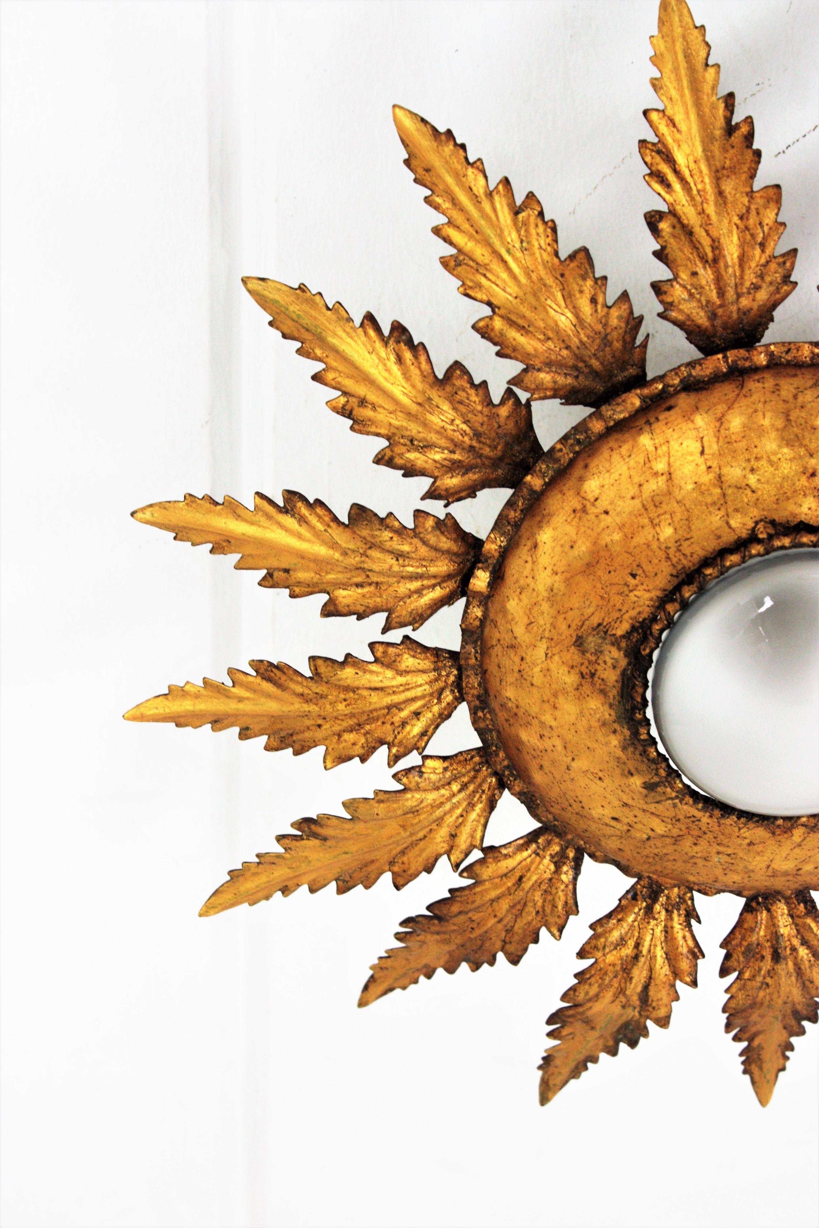 Sunburst Flower Foliage Light Fixture in Gilt Iron In Good Condition For Sale In Barcelona, ES