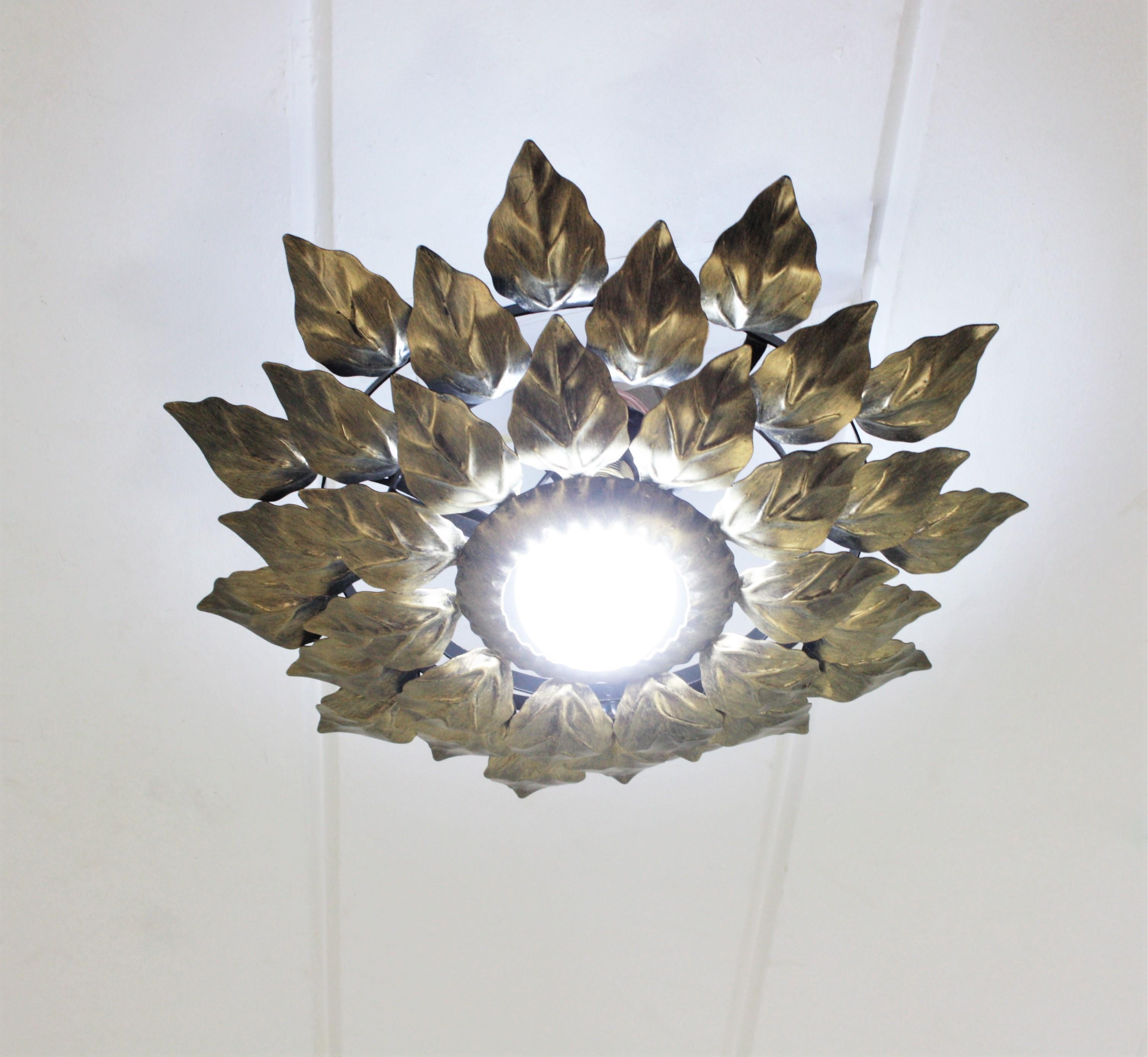 Sunburst Flower Light Fixture in Gilt Patinated Metal For Sale 6