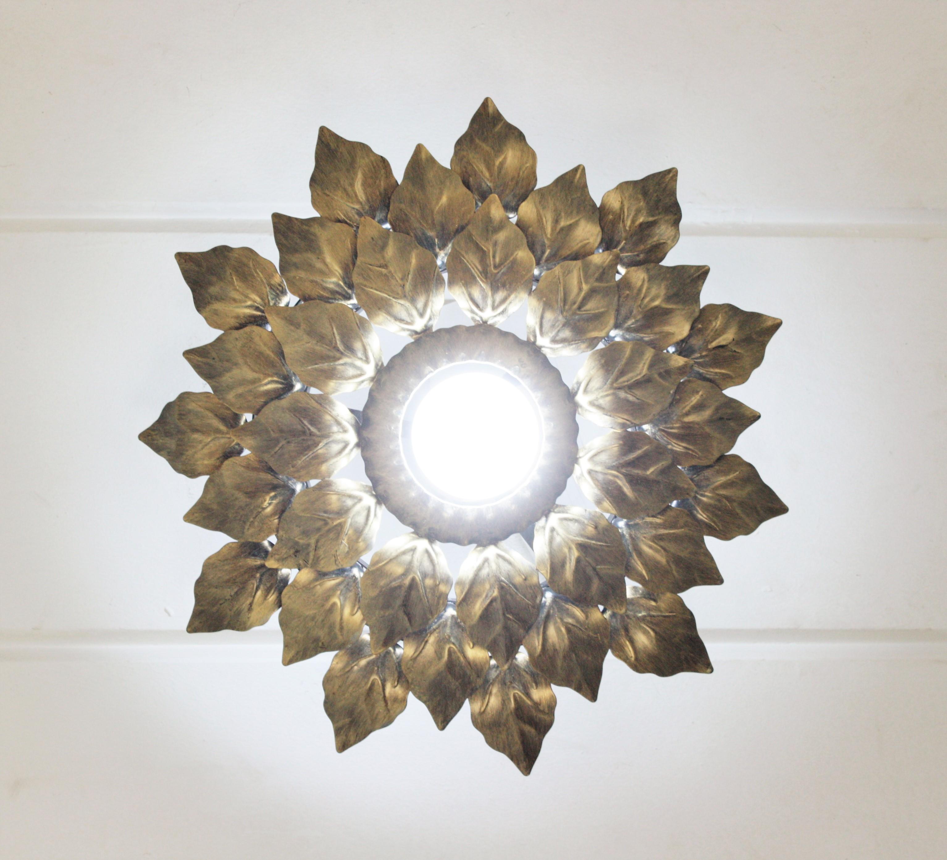 Sunburst Flower Light Fixture in Gilt Patinated Metal For Sale 2