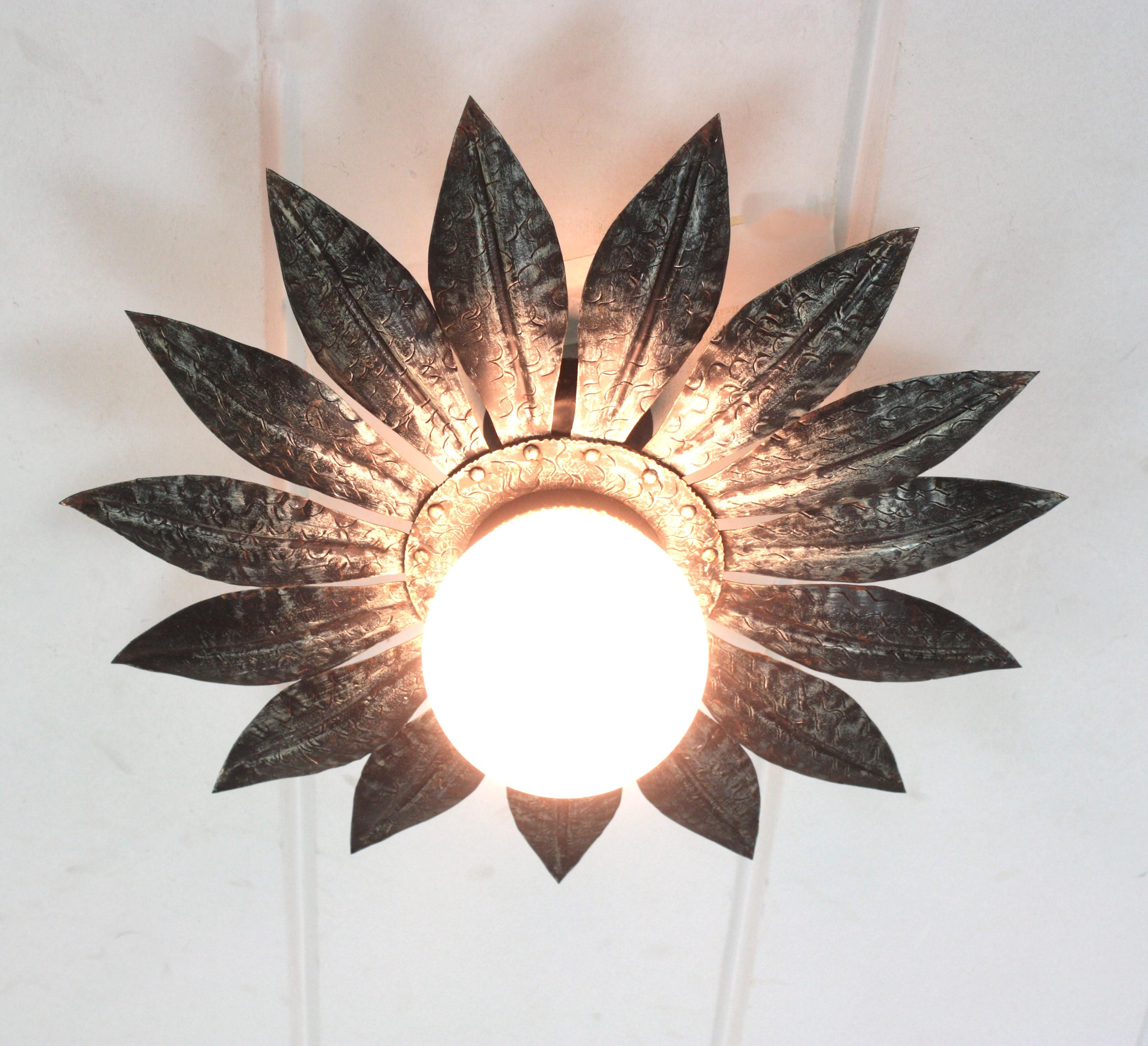 Sunburst Light Fixture in Silvered Iron with Milk Glass Globe For Sale 3