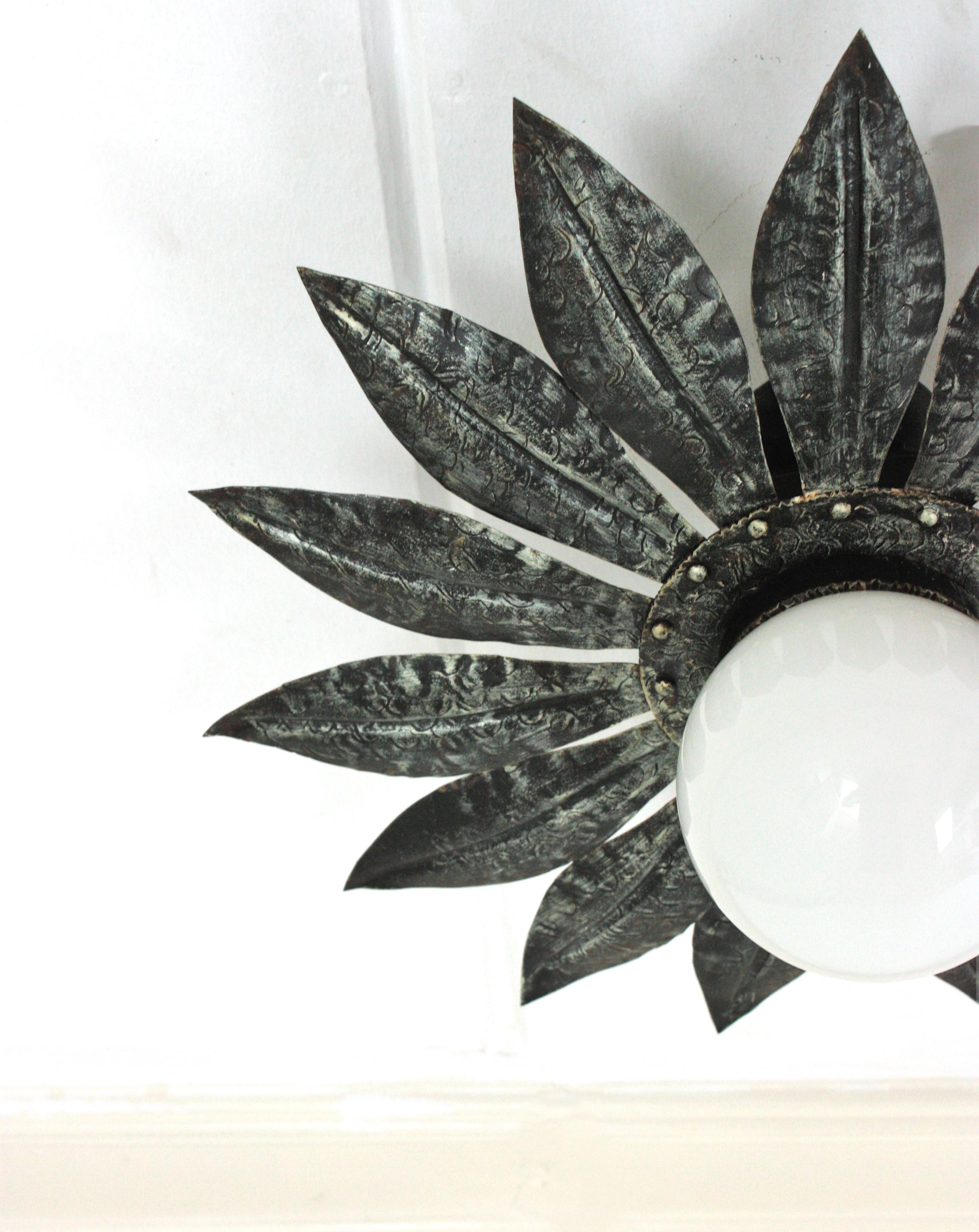 Lights Lighting Sunburst en fer argenté avec globe en verre de lait en vente 7