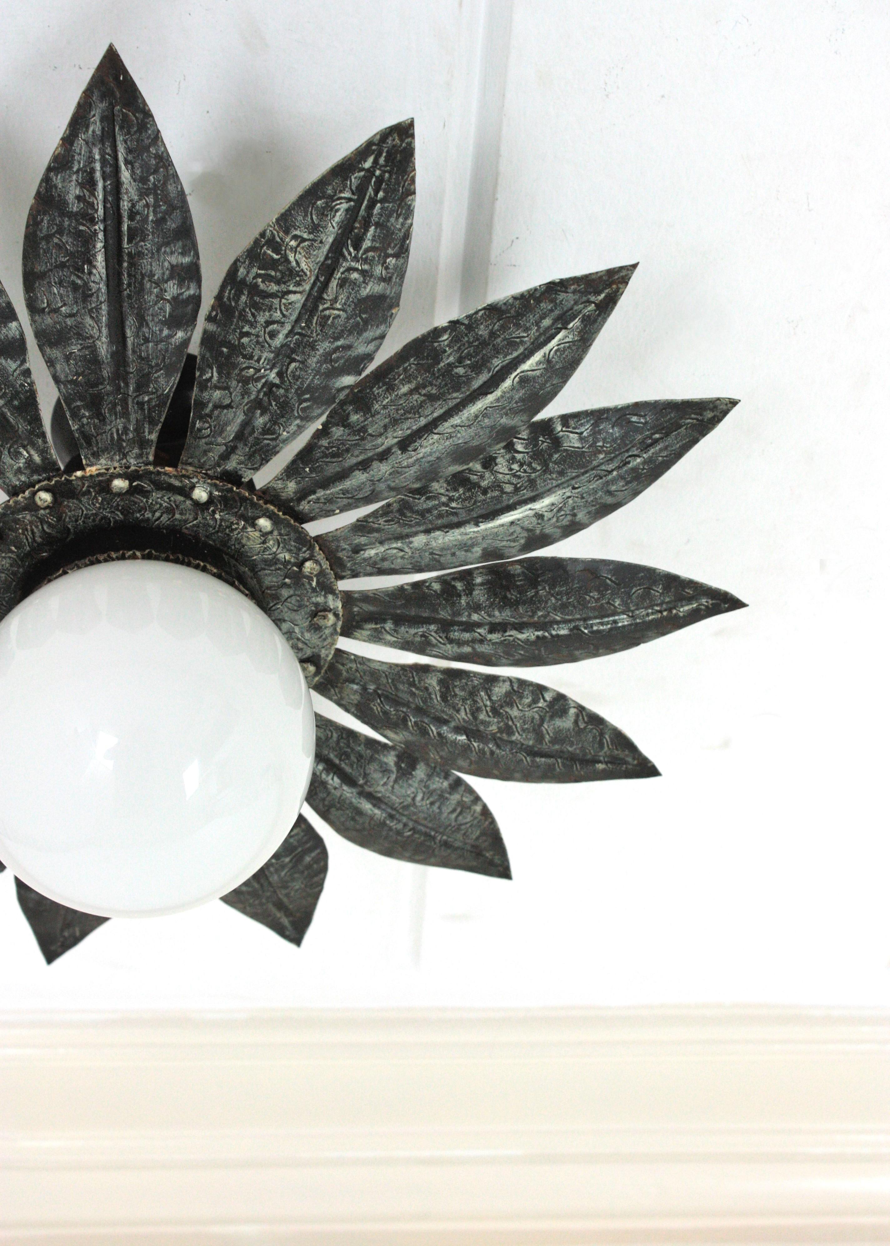 Sunburst Light Fixture in Silvered Iron with Milk Glass Globe For Sale 8
