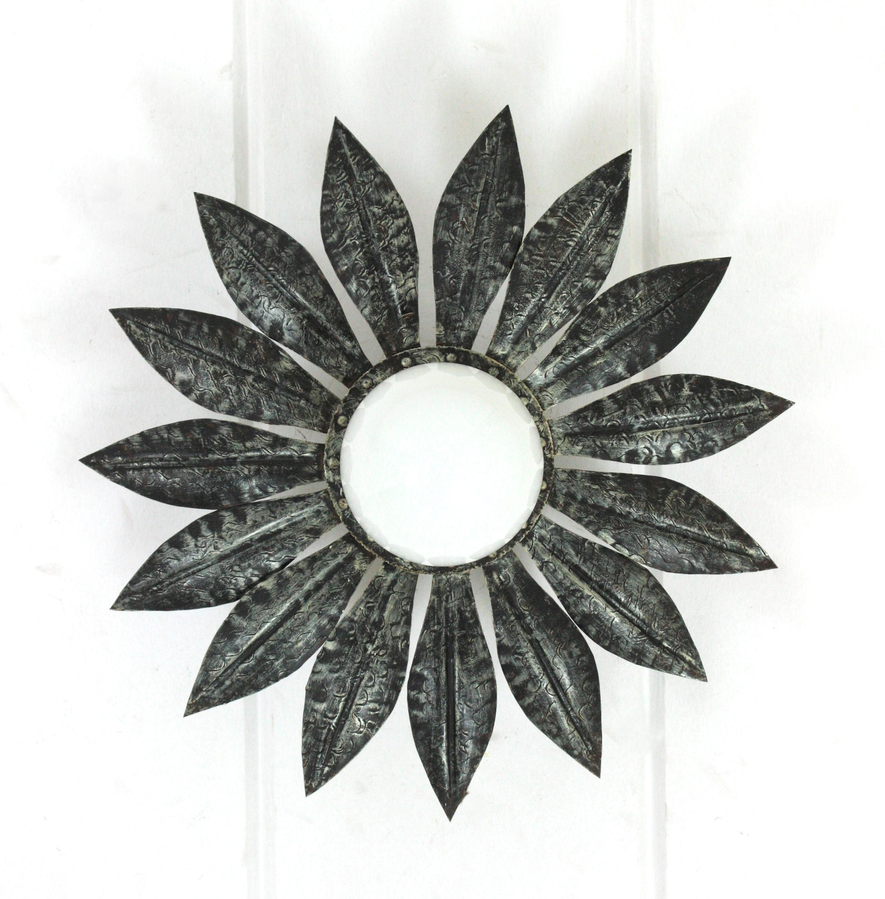 20th Century Sunburst Light Fixture in Silvered Iron with Milk Glass Globe For Sale