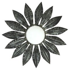 Sunburst Light Fixture in Silvered Iron with Milk Glass Globe, 1950s