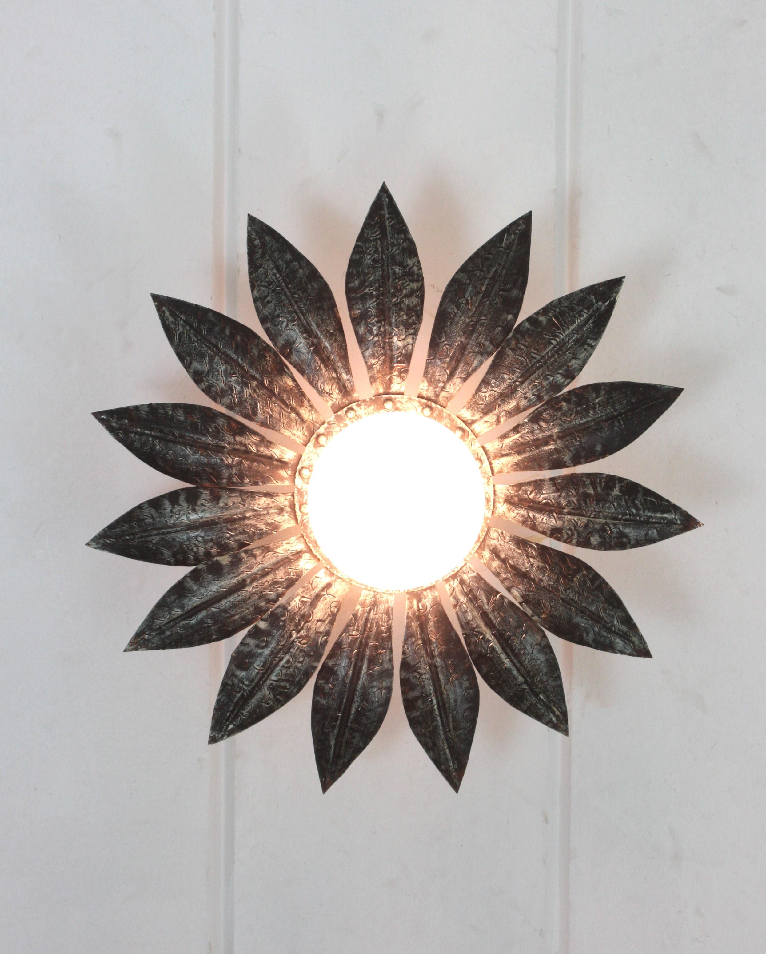 Sunburst Light Fixture in Silvered Iron with Milk Glass Globe For Sale 1