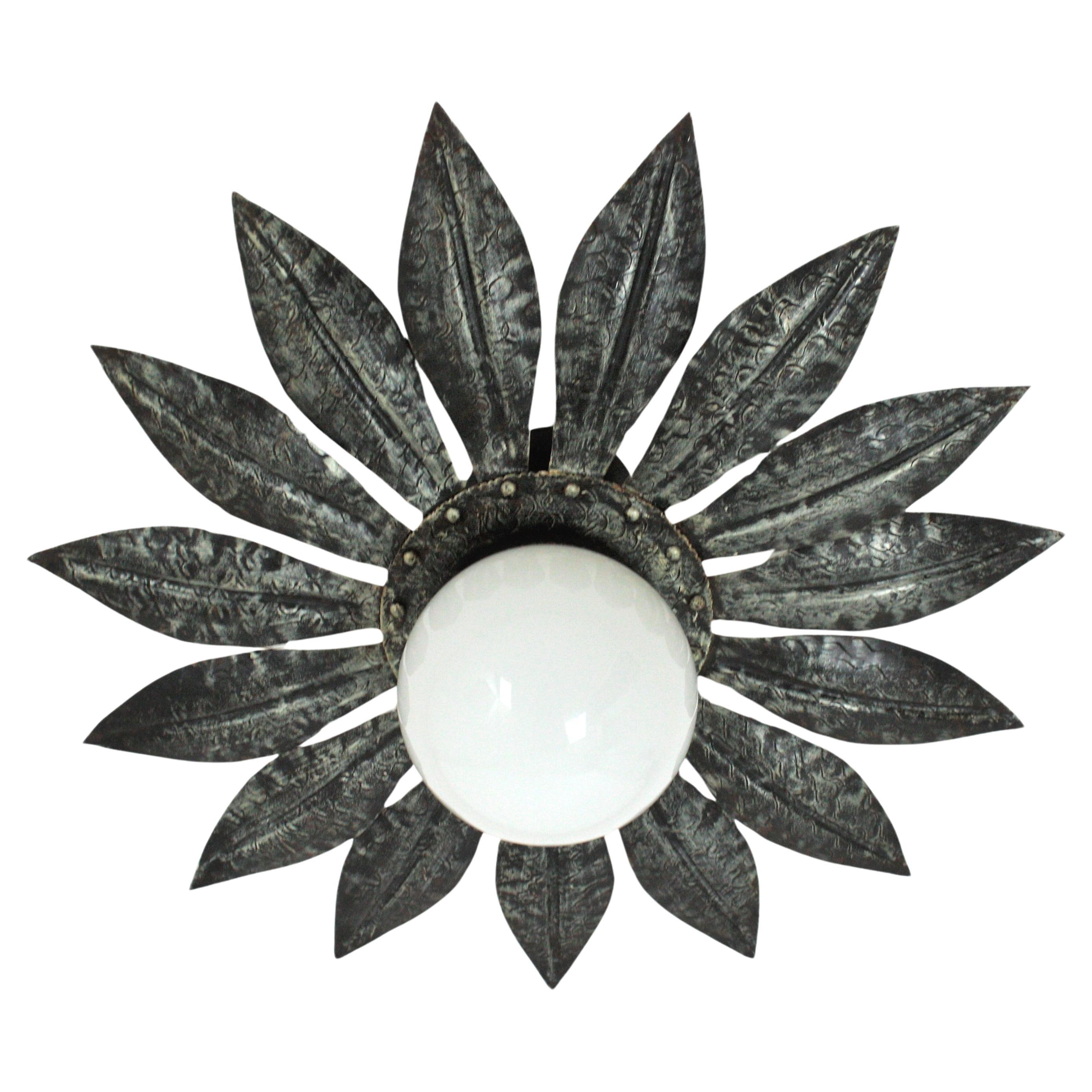 Sunburst Light Fixture in Silvered Iron with Milk Glass Globe For Sale