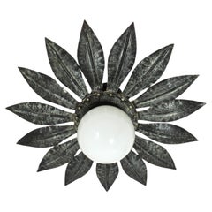 Sunburst Light Fixture in Silvered Iron with Milk Glass Globe