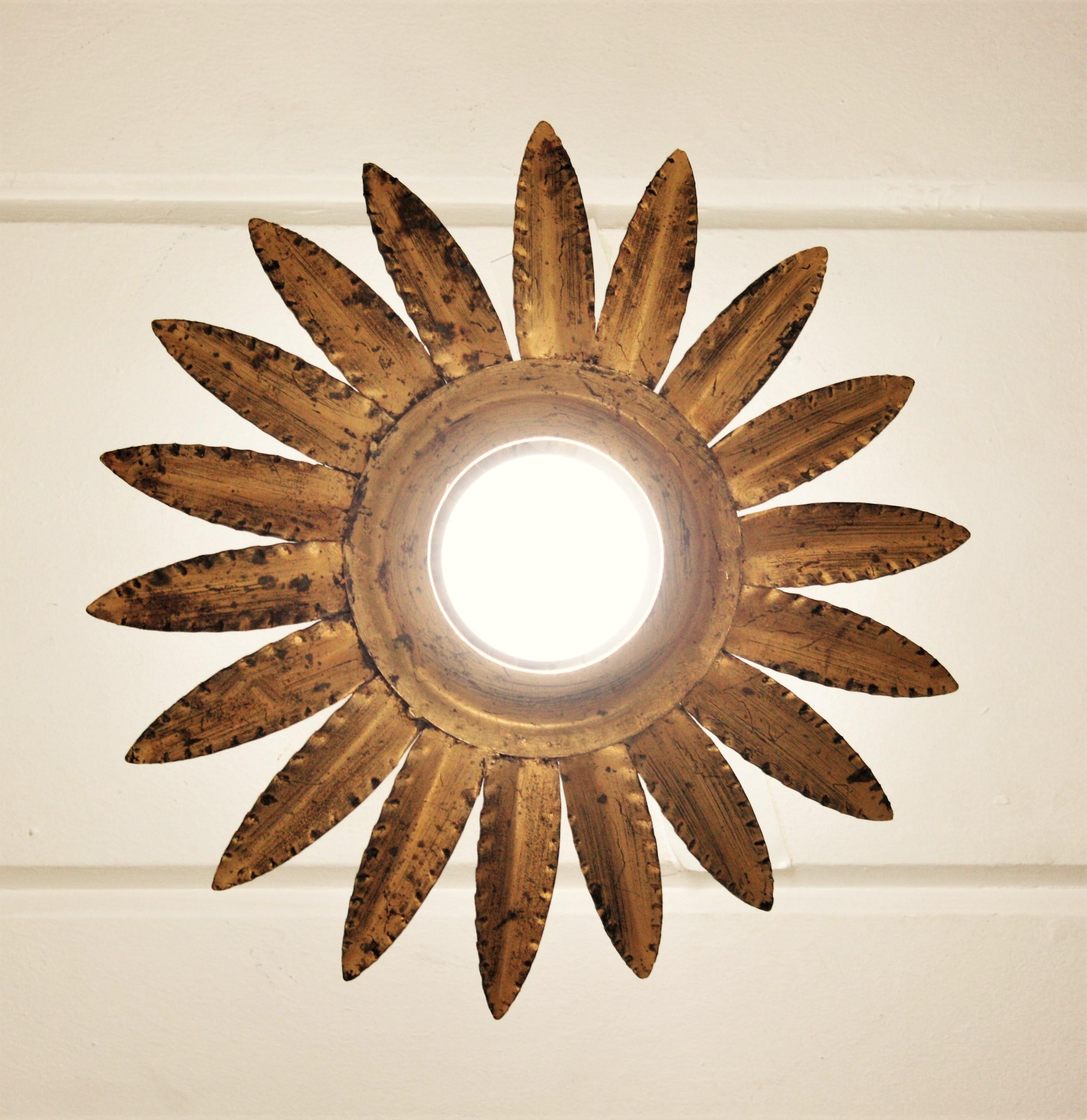 Sunburst Flower Light Fixture or Pendant in Gilt Metal 3
