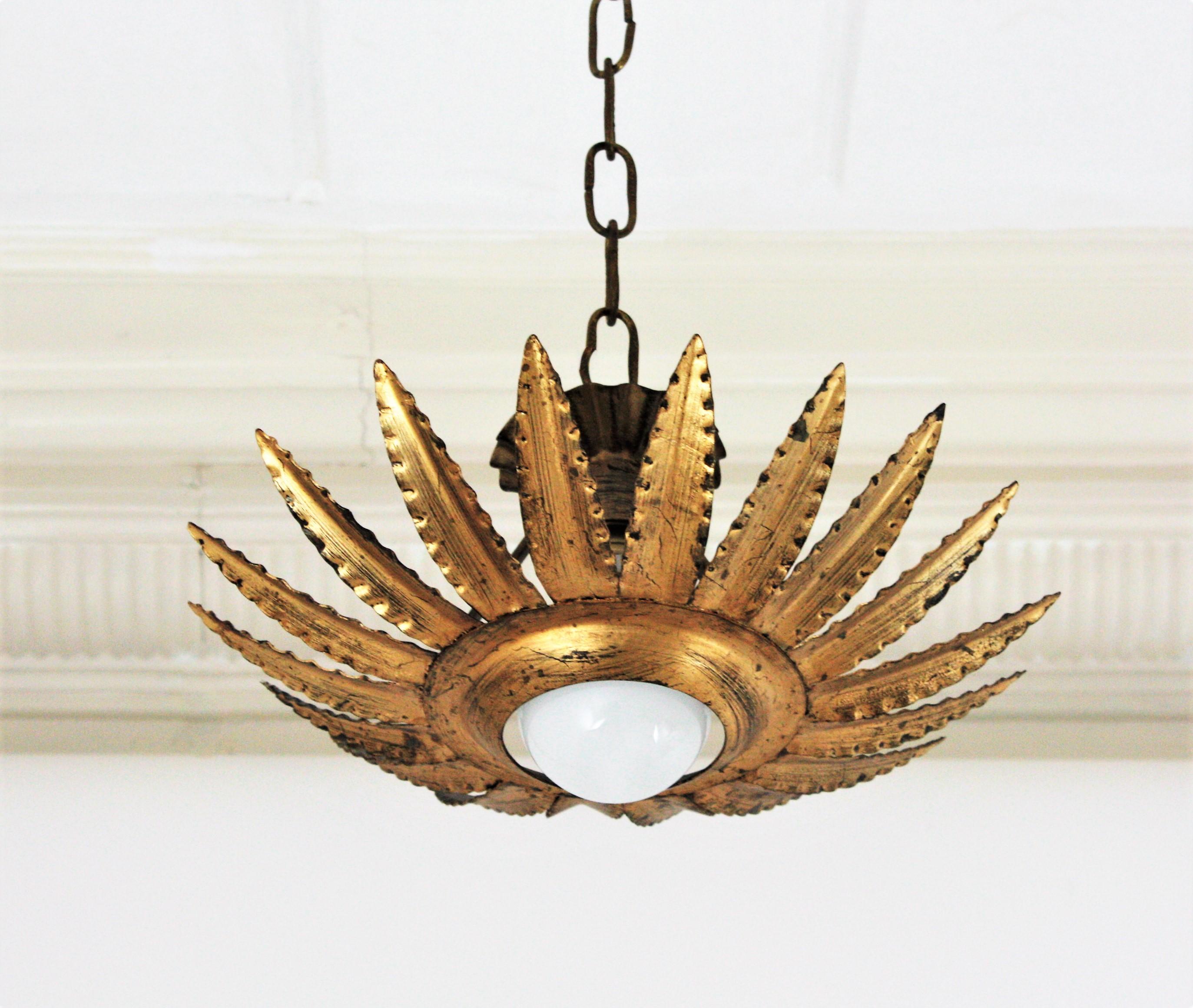 Sunburst Flower Light Fixture or Pendant in Gilt Metal 4