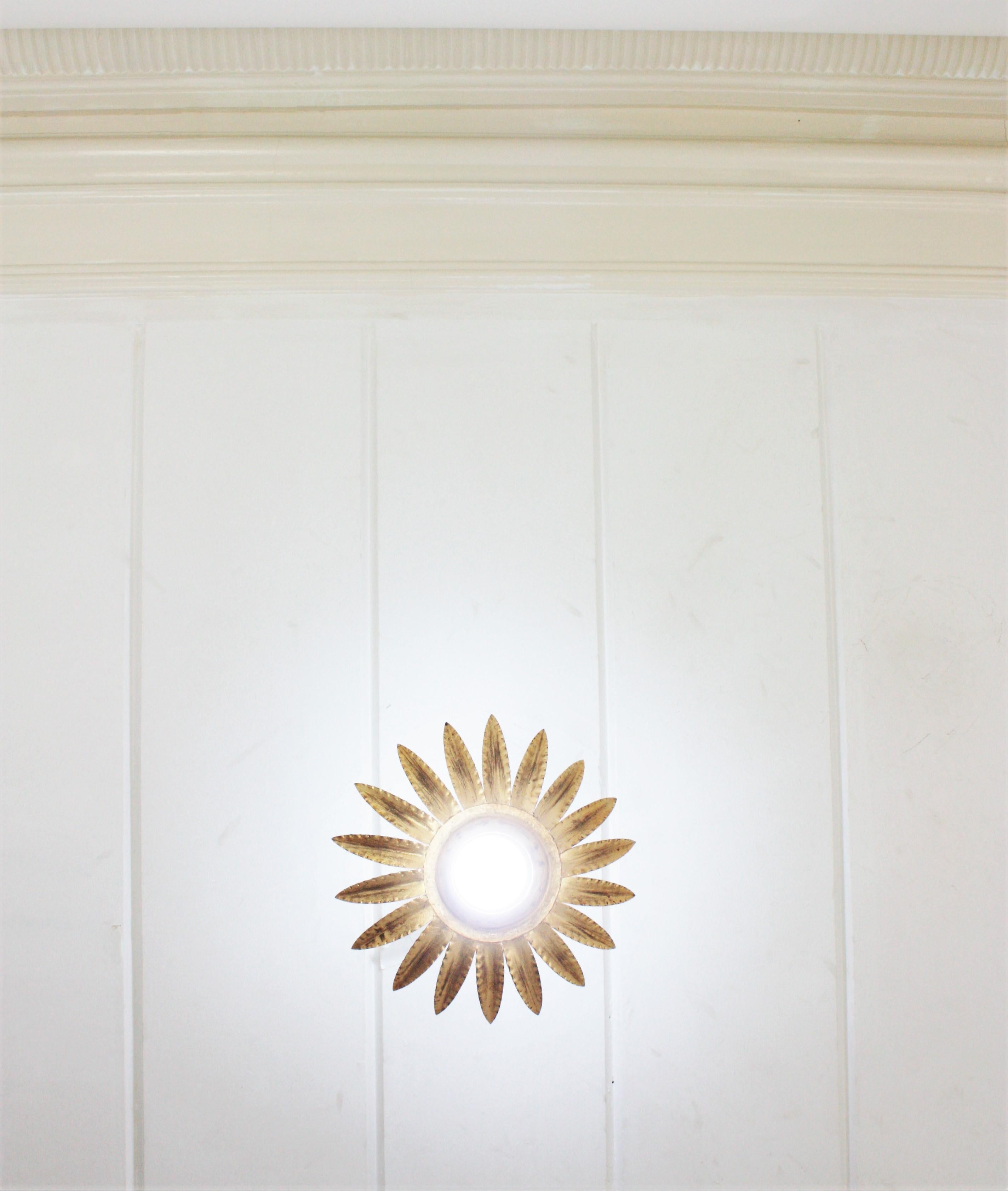 Sunburst Flower Light Fixture or Pendant in Gilt Metal For Sale 2