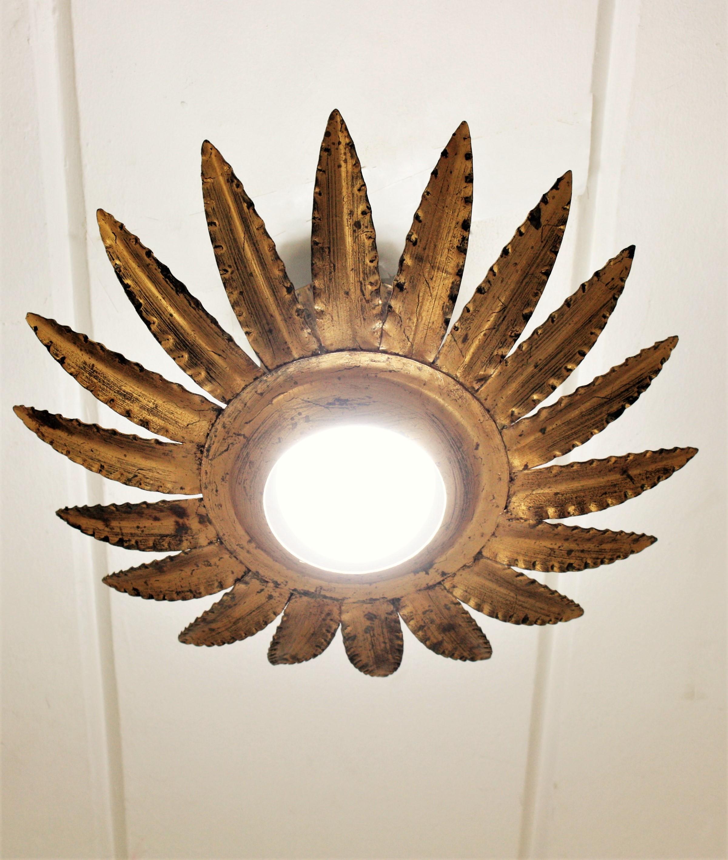Sunburst Flower Light Fixture or Pendant in Gilt Metal 5